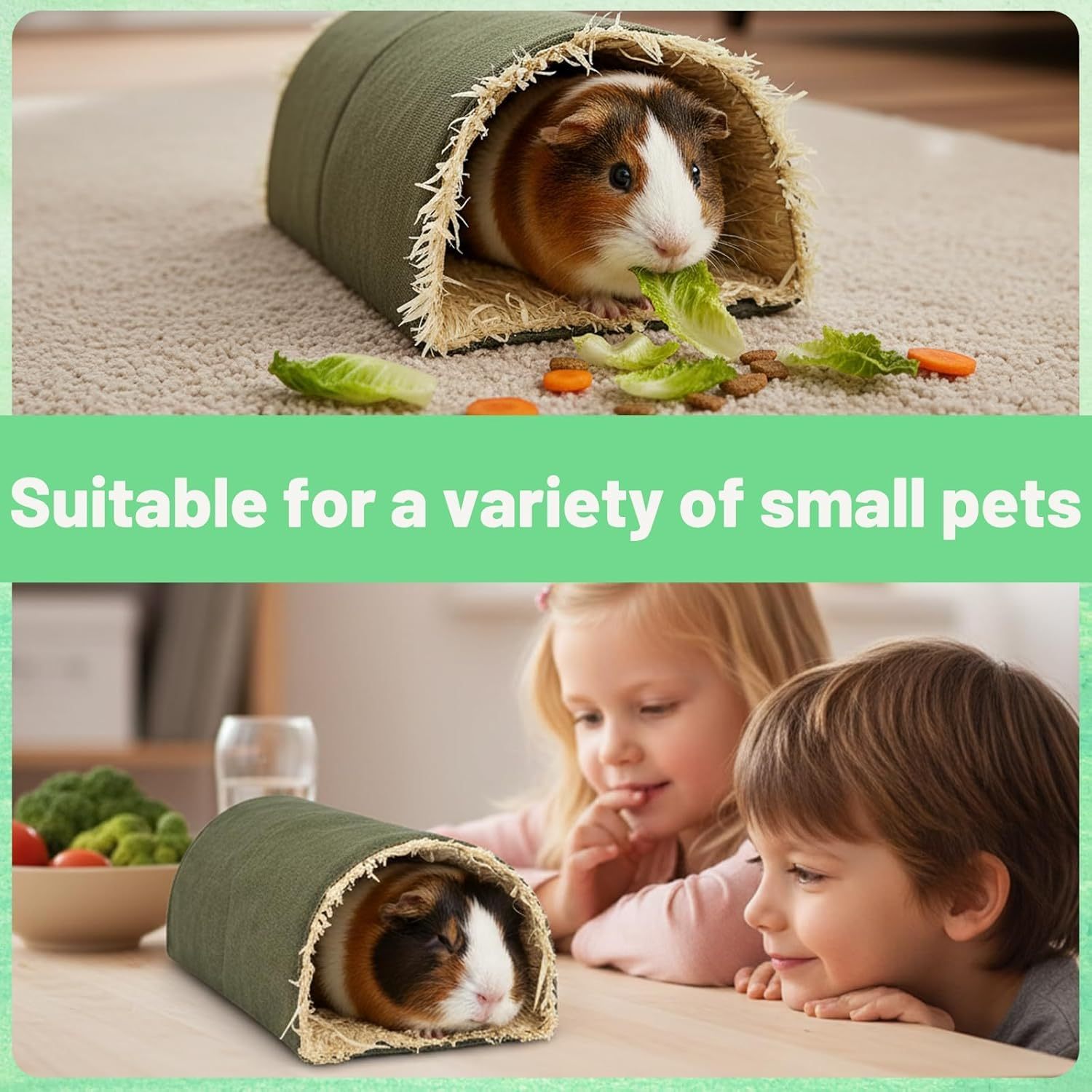 Guinea Pig Accessories, 2 Green Houses for Small Animals, Rabbit Accessories, Guinea Pig Tunnel, Toy for Rodents, Hamster Cave Made of Natural Material image number 4