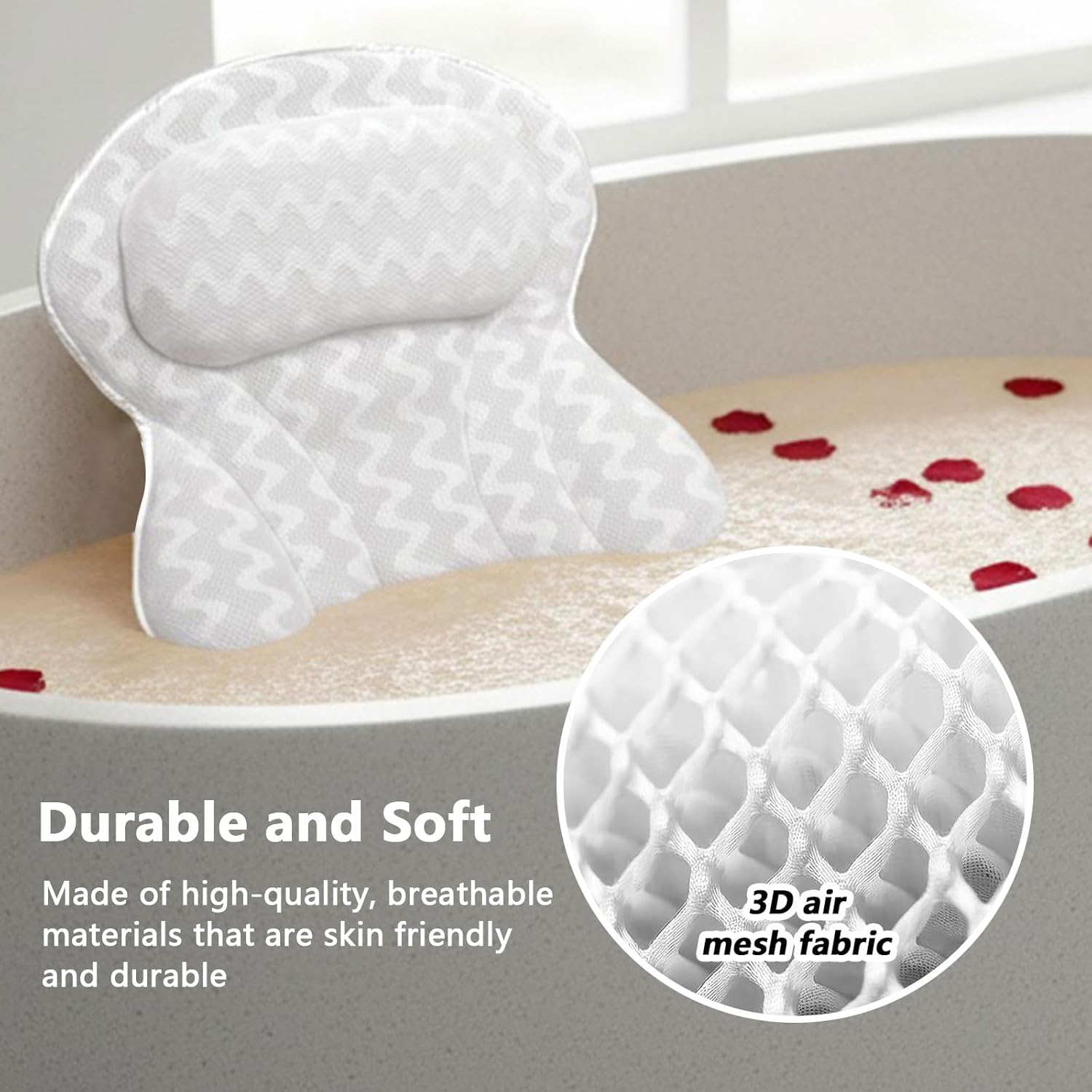 Bath Pillow for Bathtub with Head and Neck Support, 6 Strong Grip Suction Cups for Non Slip, 3D Air Mesh Fabric Soft- Povtor image number 3
