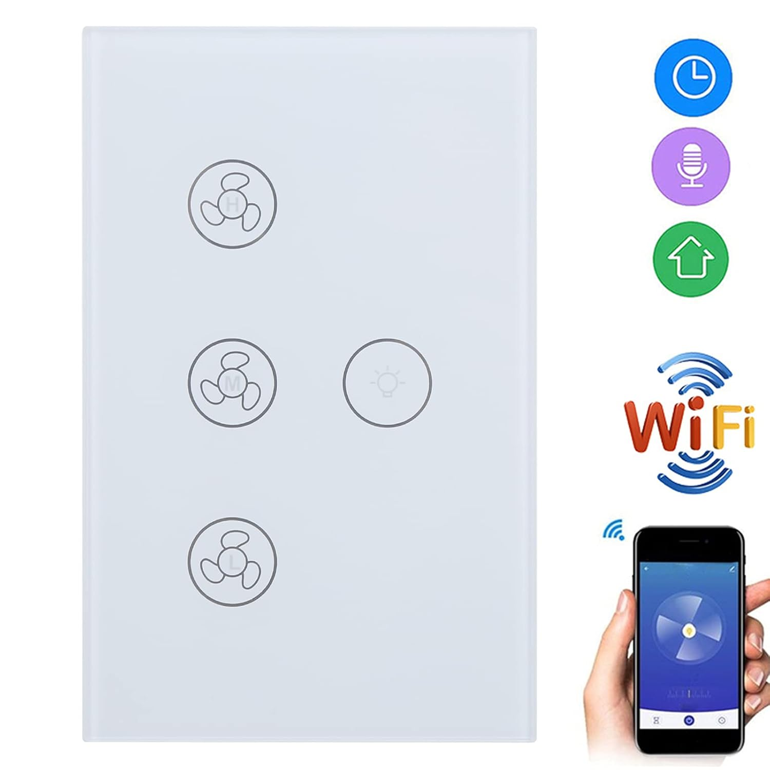 Touch Fan Switch, Smart Wifi Air Fan Lamp Touch Switch, Tempered Glass Panel Wall Touch Switch Voice Control Compatible for Google Home (White) image number 3