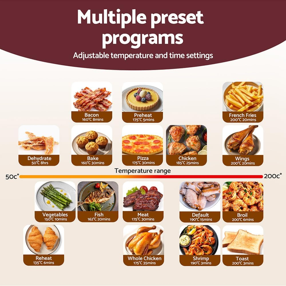 Devanti Air Fryer Oven, 13L 2000W Stainless Steel Airfryer Electric Cooker Deep Fryers Baking Tray Kitchen Household Small Kitchens Appliances, with 17 Cooking Presets and LCD Touch Control Panel image number 4