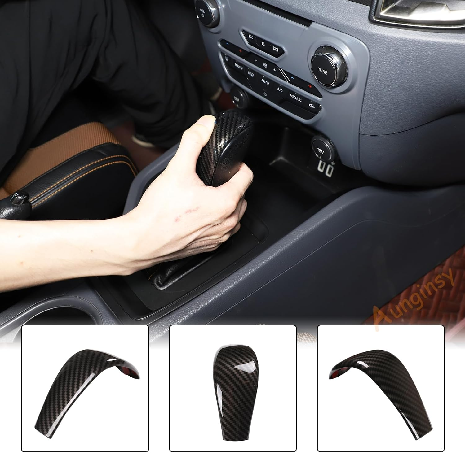 Car Shifter Gear Hand Brake Trim Cover Compatible with Ford Ranger 2015-2018 - Carbon Fiber Pattern image number 4