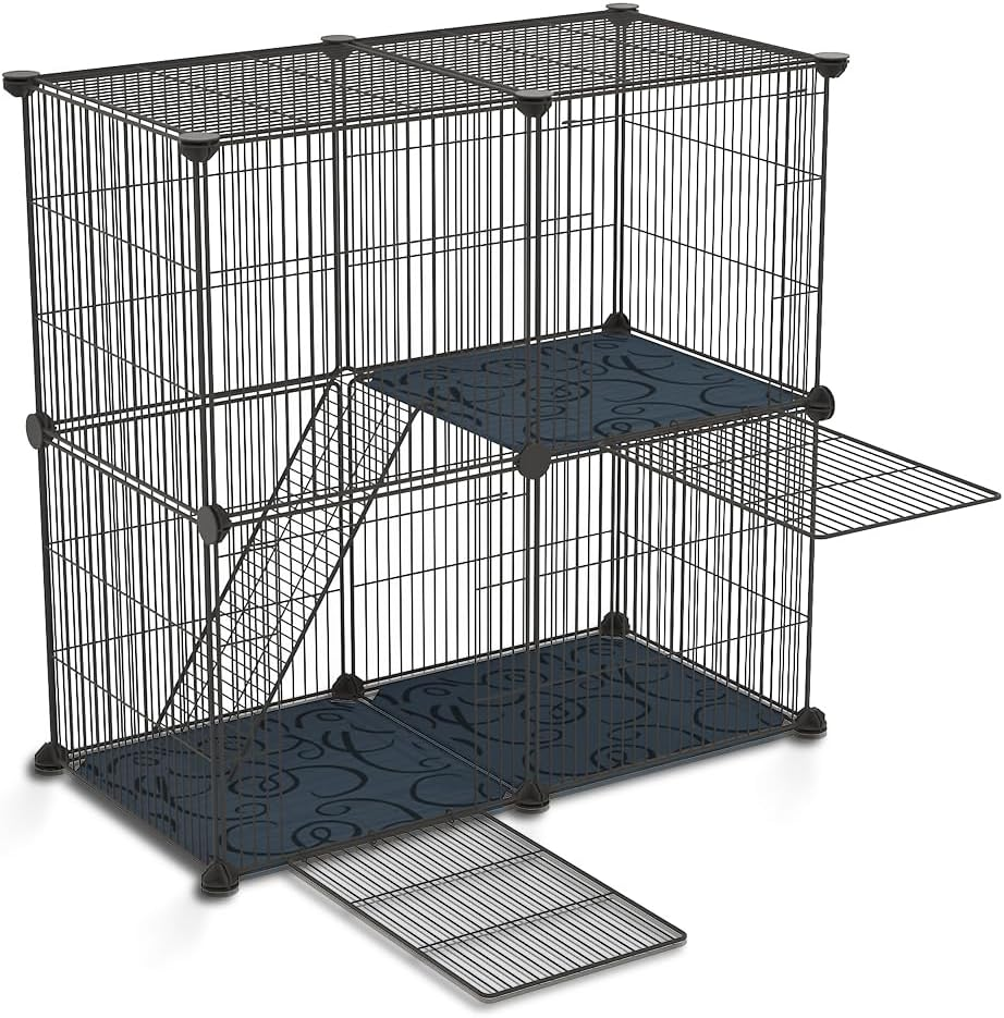 Cat Cage,Portable Metal Wire Mesh Grid Density Detachable Outdoor & Indoor Enclosure with Ladders,Cat Exercise Crate for Kitty,Puppy,Rabbits and Small Animals (Black, 2 Tier & 2 Doors) image number 5