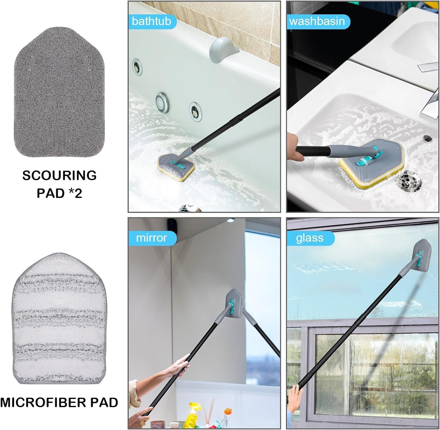 5-In-1 Shower Cleaning Brush, 180 &deg; Rotatable Long Handle Shower Cleaning Tool, Used for Cleaning Shower Bathtub Tiles, Walls, and Floors image number 5