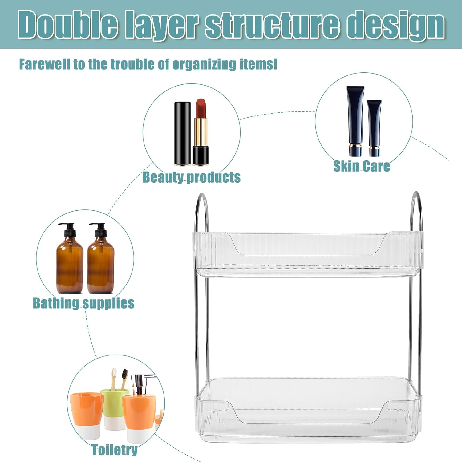 Bathroom Countertop Organizer 2-Tier Vanity Tray Shelf Vanity Counter Skincare Shelf Organizer with Detachable Tray Kitchen Counter Standing Rack Bathroom Countertop Storage Organizer (Clear White) - Clear White image number 3