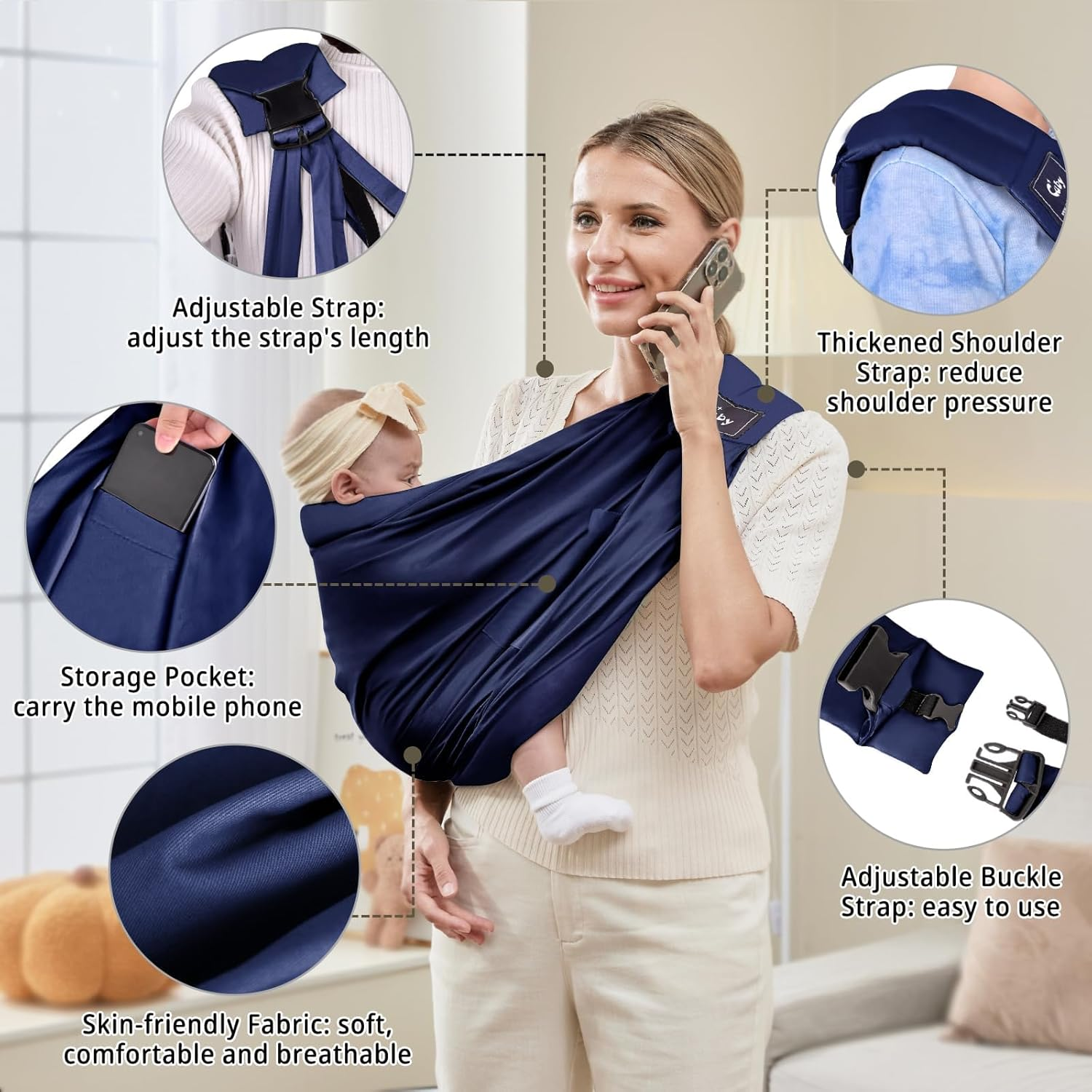 CUBY Baby Carrier Sling, Baby Essentials for Newborn Natural Cotton Adjustable Baby Carriers Soft Comfortable Easy Wearing Nursing for Infant Toddler Wrap Sling for Newborn(Blue Cotton)