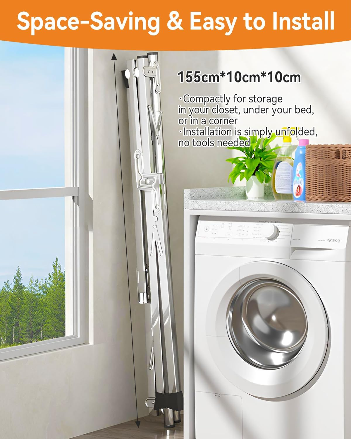 Taefuhnn 2.4 Meters Clothes Drying Rack, 95 Inch Heavy Duty Collapsible Stainless Steel Clothes Airer, Foldable Portable Laundry Drying Rack with 30 Windproof Hooks for Indoor Outdoor image number 6