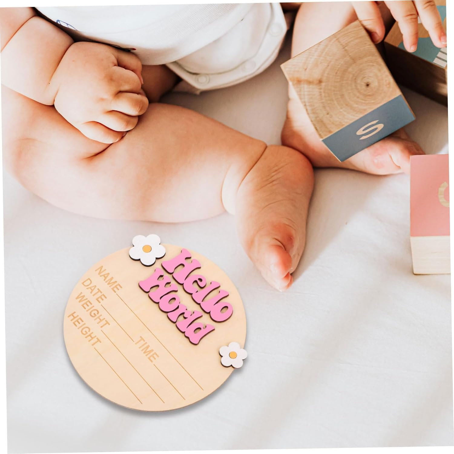 CLISPEED Wood Baby Announcement Sign Baby Name Cards for Nursery Newborn Birth Announcement Plaques in Deep Pink and Photo Prop image number 4