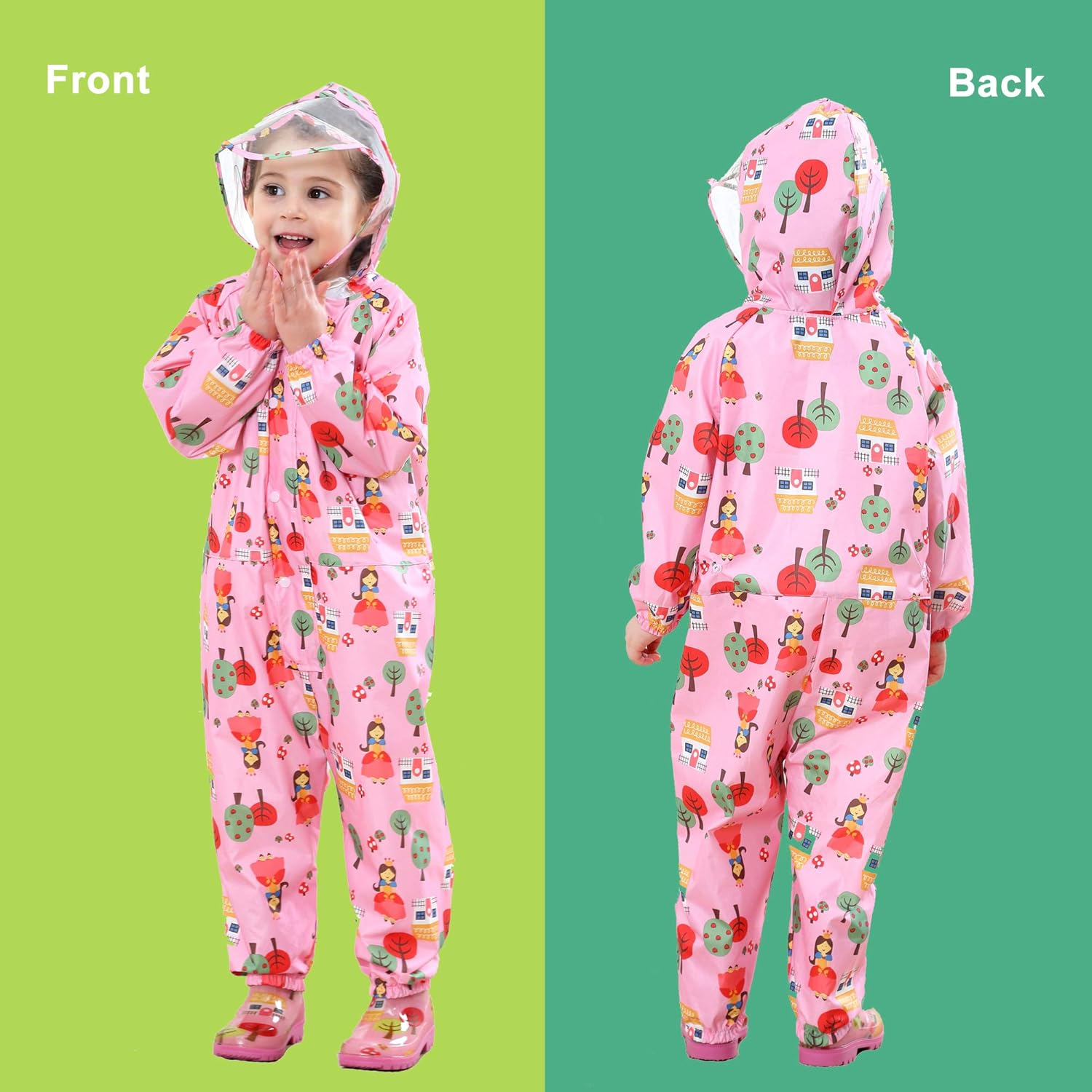 Raincoat Kids Hooded Rains Puddle Suit Poncho Rainwear Jumpsuit One Piece Lightweight Portable Waterproof Rainsuit Jacket Unisex Boy Girl with PVC Transparent Hat Brim Zipper Age 1-7 Years image number 7
