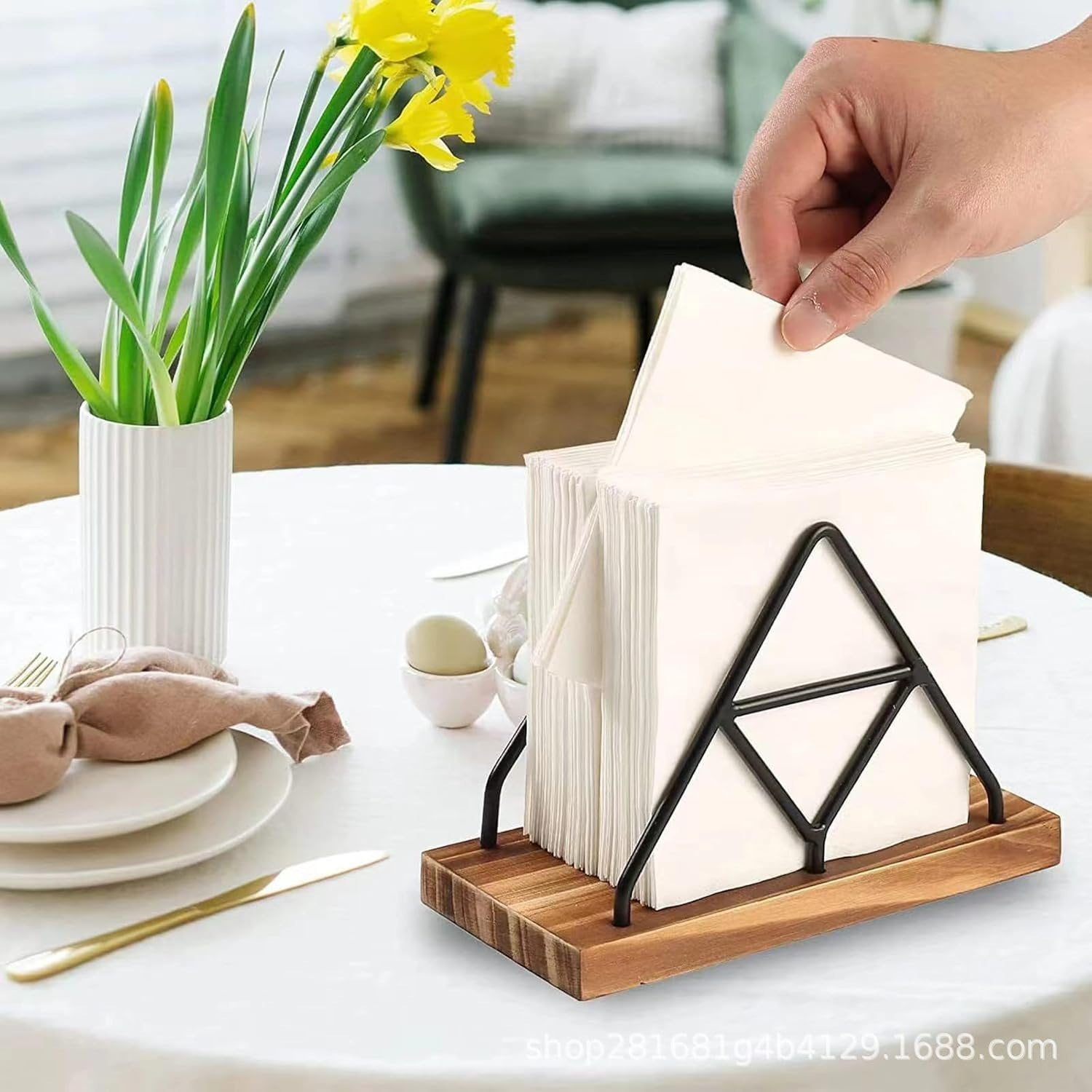 Walquicks Metal and Wooden Napkin Holder - Triangle Design for Kitchen, Dinner Table, Cocktail Bar, Tablecloth D&eacute;cor Standing Rack image number 6