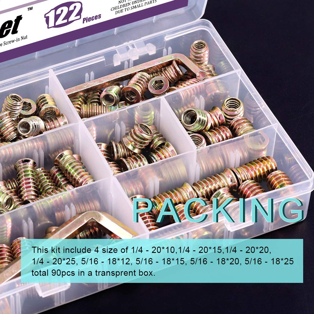 Swpeet 122Pcs Carbon Steel Color Zinc Plated Carbon Furniture Screw in Nut Threaded Wood Inserts Bolt Fastener Connector Hex Socket (1/4 + 5/16, Assortment Kit) image number 6