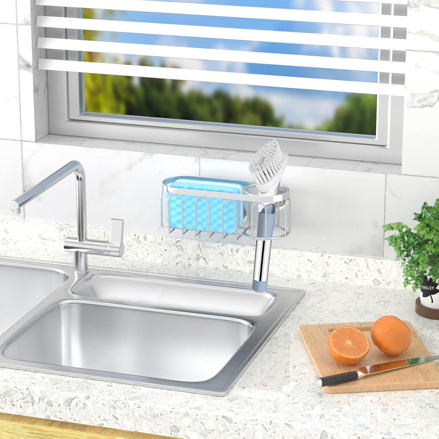 2-In-1 Sponge Holder for Kitchen Sink, Suction Cup Rack/Caddy, No Drill Rustproof Organizer for Place Dishwashing Brush Soap (Silver) image number 1