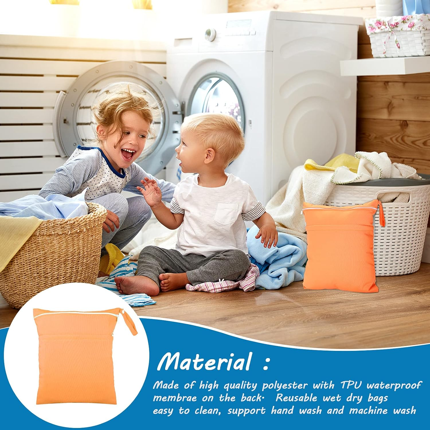 Shappy 4 Pcs Wet Dry Bag for Baby Cloth Diapers Waterproof Wet Bag Washable Travel Reusable with 2 Pocket for Travel Beach Pool(Blue, Purple, Pink, Orange) image number 3