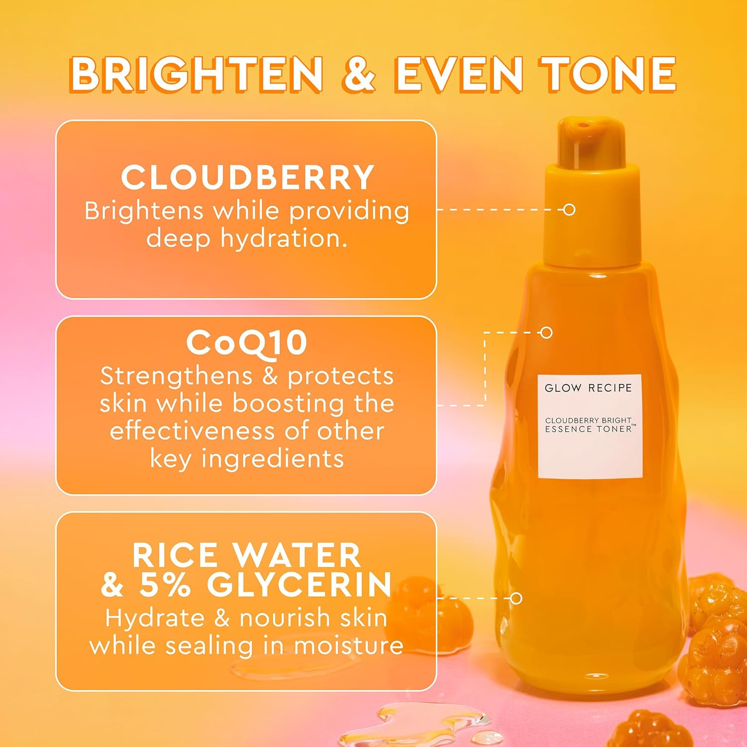 Glow Recipe Cloudberry Brightening Toner + Essence Skincare - Coq10 Face Toner to Strengthen Skin Barrier + Hydrating Rice Water, Vitamin C, E & 5% Glycerin to Soften & Even Skin Tone (75Ml) image number 6