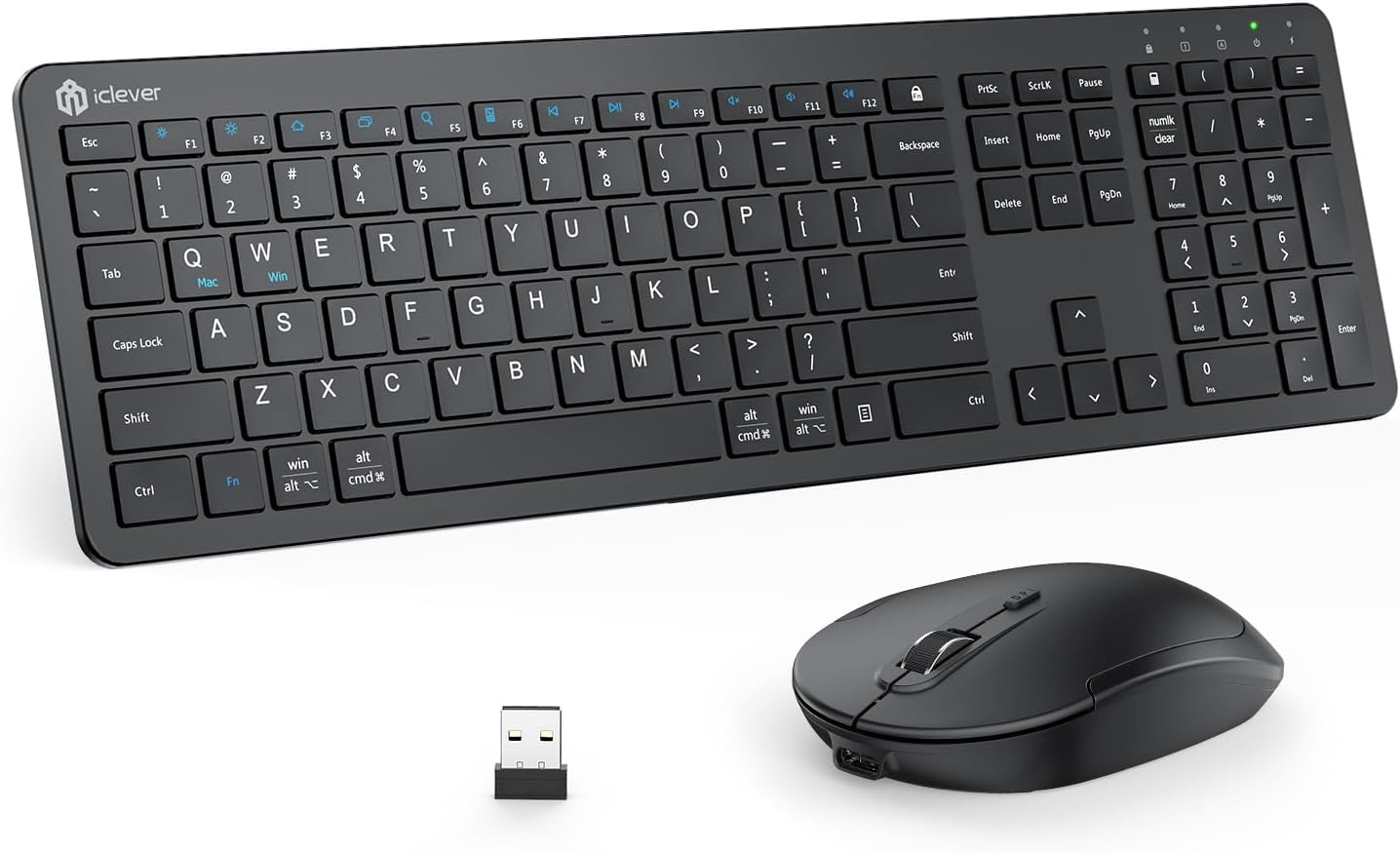 Iclever GK08 Wireless Keyboard and Mouse - Rechargeable Keyboard Ergonomic Quiet Full Size Design with Number Pad, 2.4G Stable Connection Slim White Keyboard and Mouse for Windows Mac OS Computer