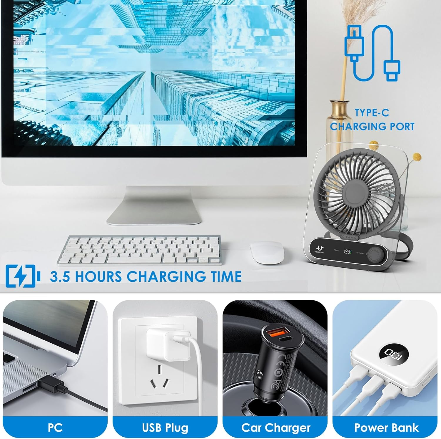 Simpeak Desk Fan Usb Rechargeable Fan, 199 Speed Portable Travel Fan, Operated 3-10 Hours, Silent Personal Small Table Fans for Bedroom Office Summer Outdoor (Grey) - Grey image number 3