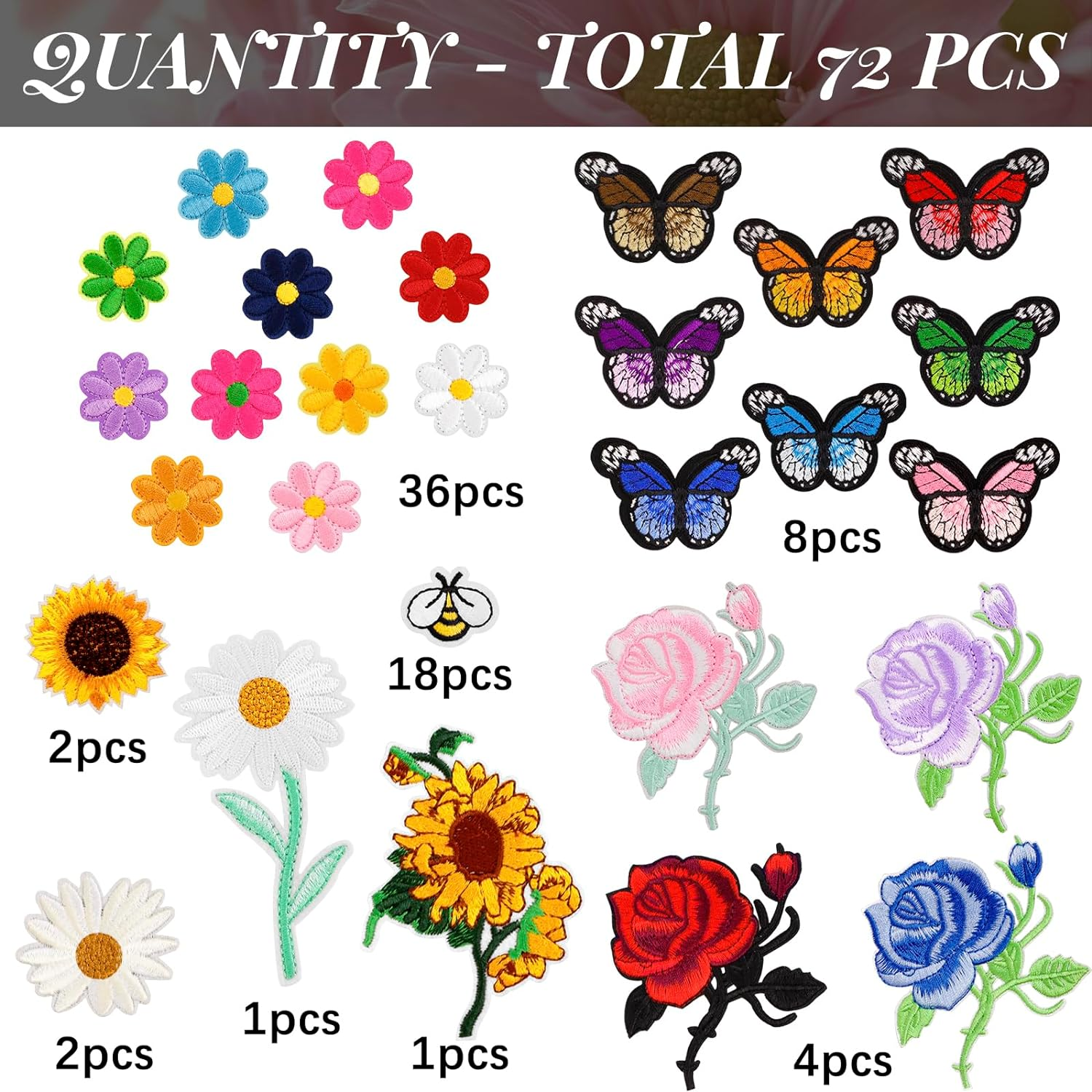 RETON 72 Pcs Embroidered Iron on Patches for Clothing, Butterfly Flower Iron on Patches Set, Sunflower Bee Rose Daisy Embroidered Patches, Applique Patches for Clothes, Jackets, Jeans, Backpacks image number 1