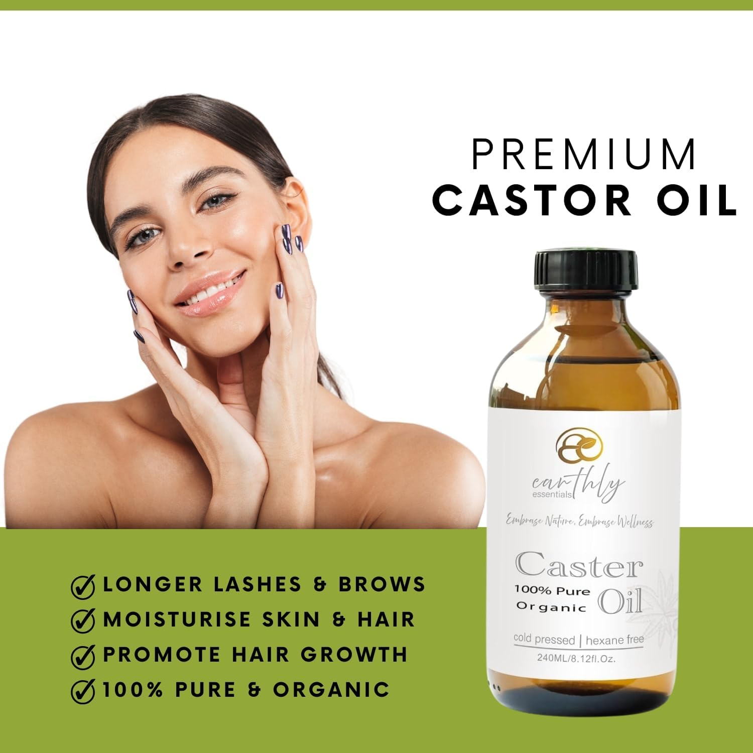 100% Pure Castor Oil &ndash; 240Ml Cold-Pressed in Glass Bottle with Pump | Organic & Hexane-Free for Hair Growth, Scalp Care, Skin Hydration, Eyelashes, Brows & Nails image number 5