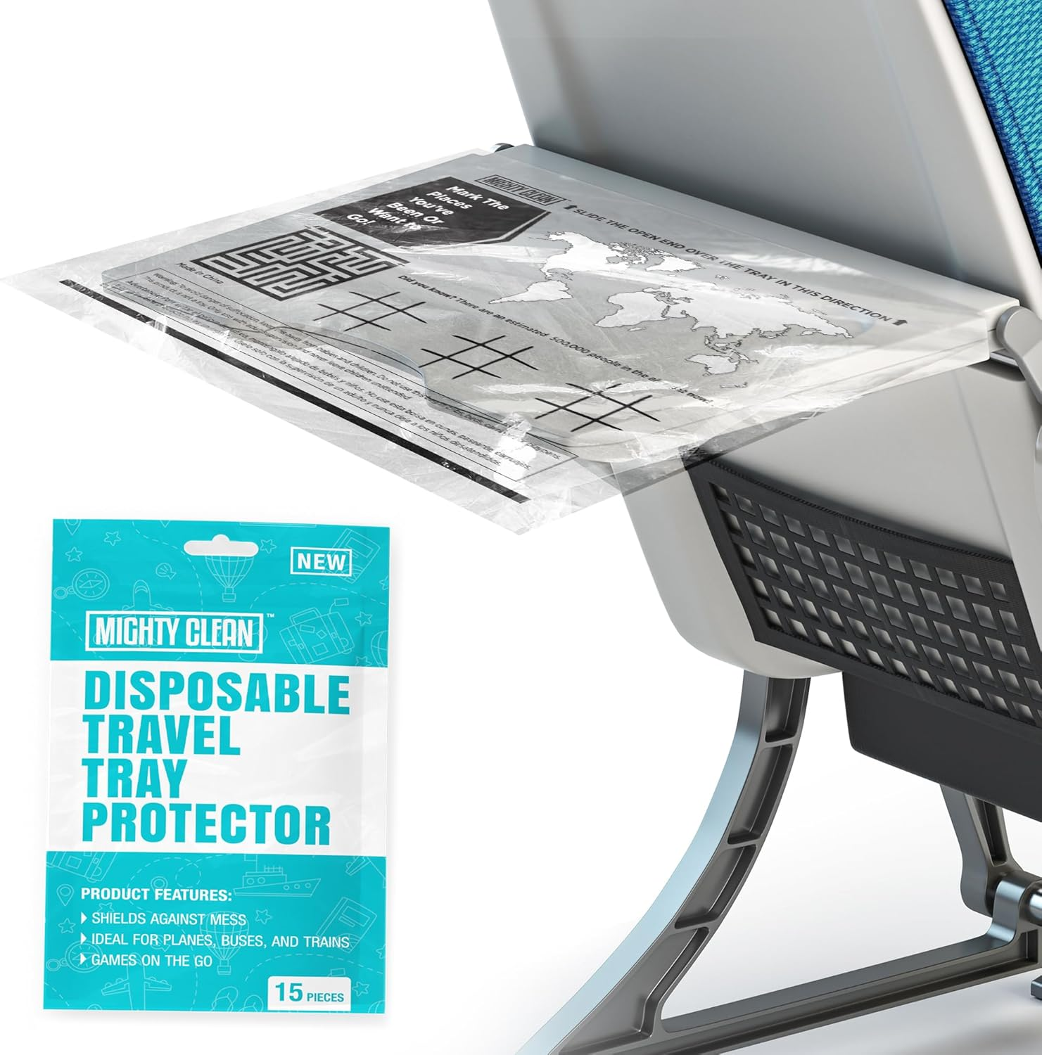 15 Disposable Travel Tray Protectors by Mighty Clean │ Airplane Travel Essentials for Toddler, Kids, and Adults │ Must Have for Flying │ Provides a Clean Surface and Entertainment │ 15 Pack image number 1