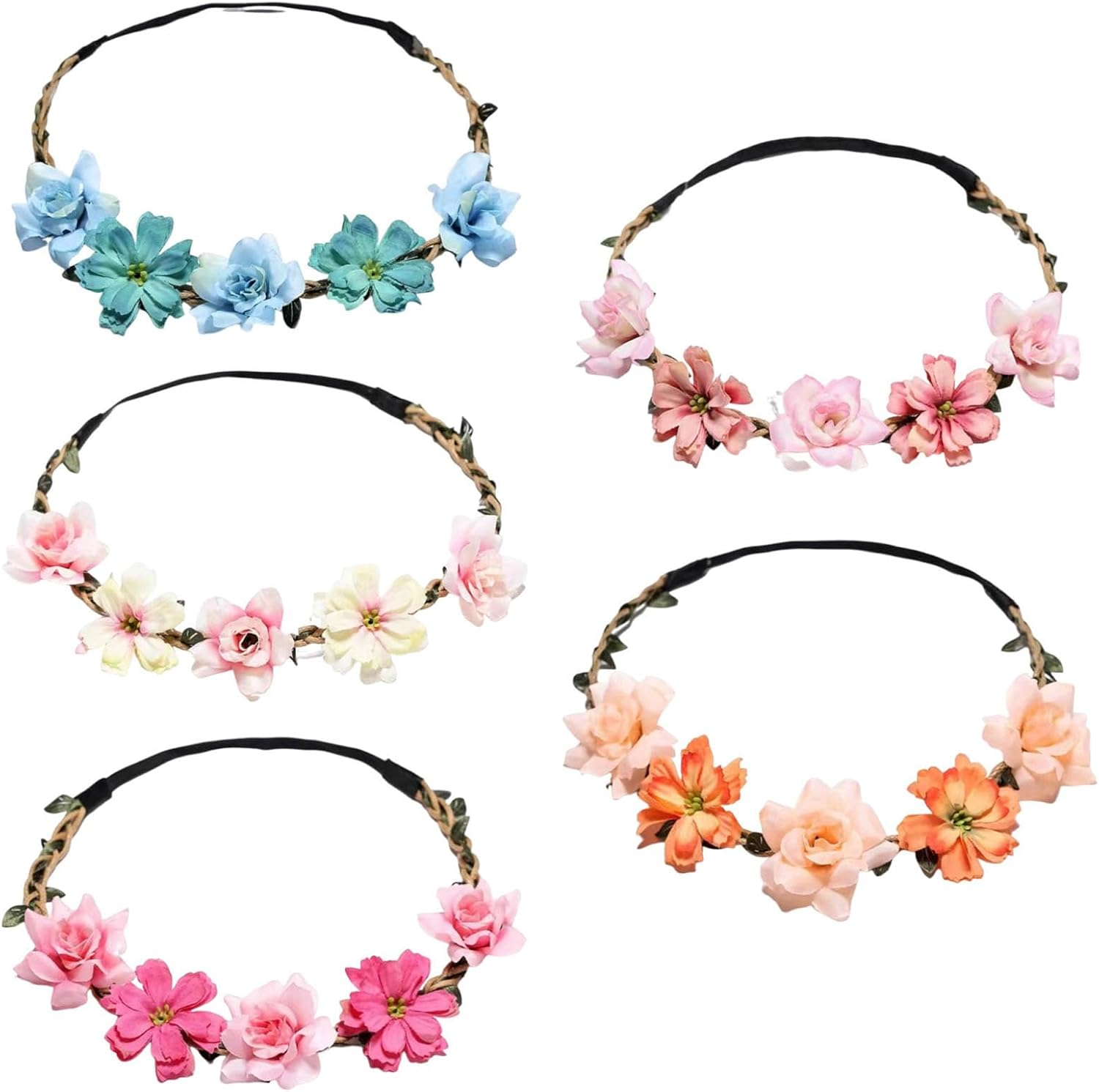 Dinghaole 5PCS Vibrant Holiday Headband Suitable for Women - Adjustable Elastic Floral Crown Hair Accessory Set Suitable for Festivals, Parties, Weddings image number 2