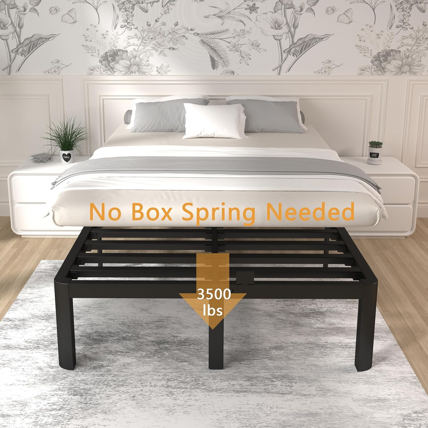 ITIMIDI 14 Inch Bed Frame Full Size with Metal Gaskets, Heavy Duty Steel Support 3500 LBS, No Box Spring Needed, DIY Headboard, Anti-Slip Mattress Stopper, round Corner Leg, Easy Assembly, Black image number 2
