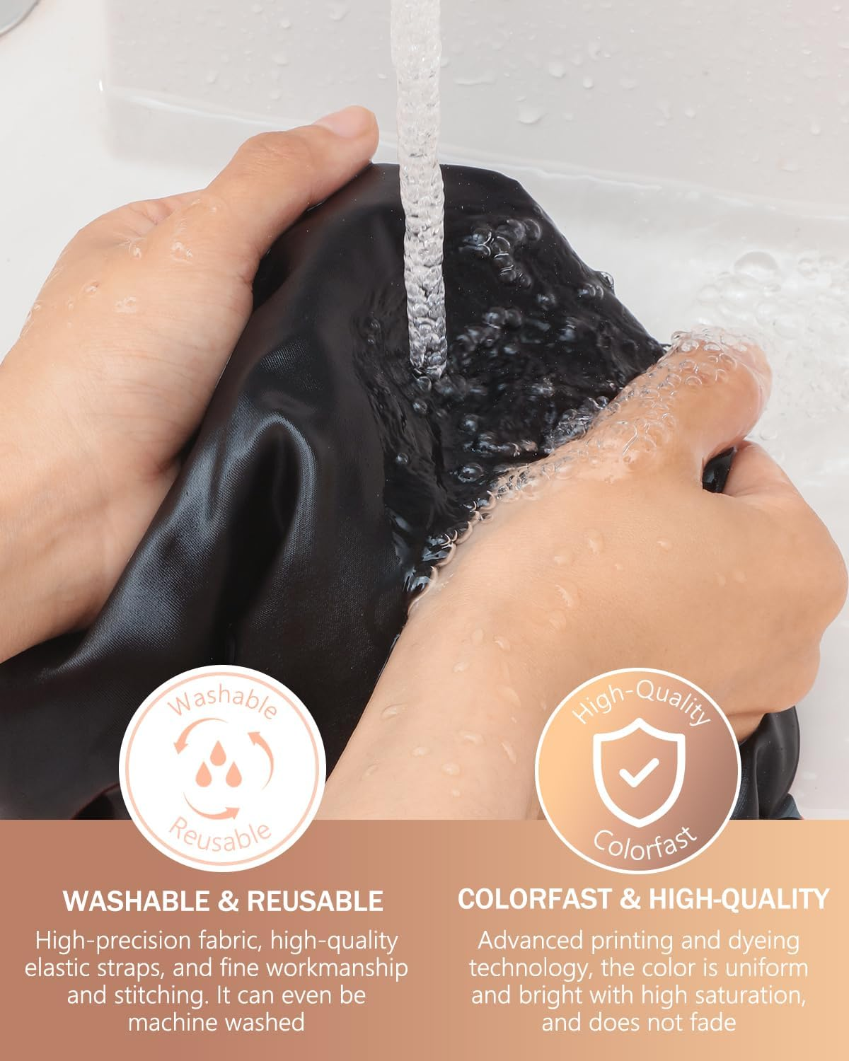 Mikimini Large Shower Cap for Women Long Hair, Black, Reusable Waterproof Double Layers XL Washable Colorfast Odorless High-Quality Shower Cap for Men with Vibrant Orange Edge image number 3