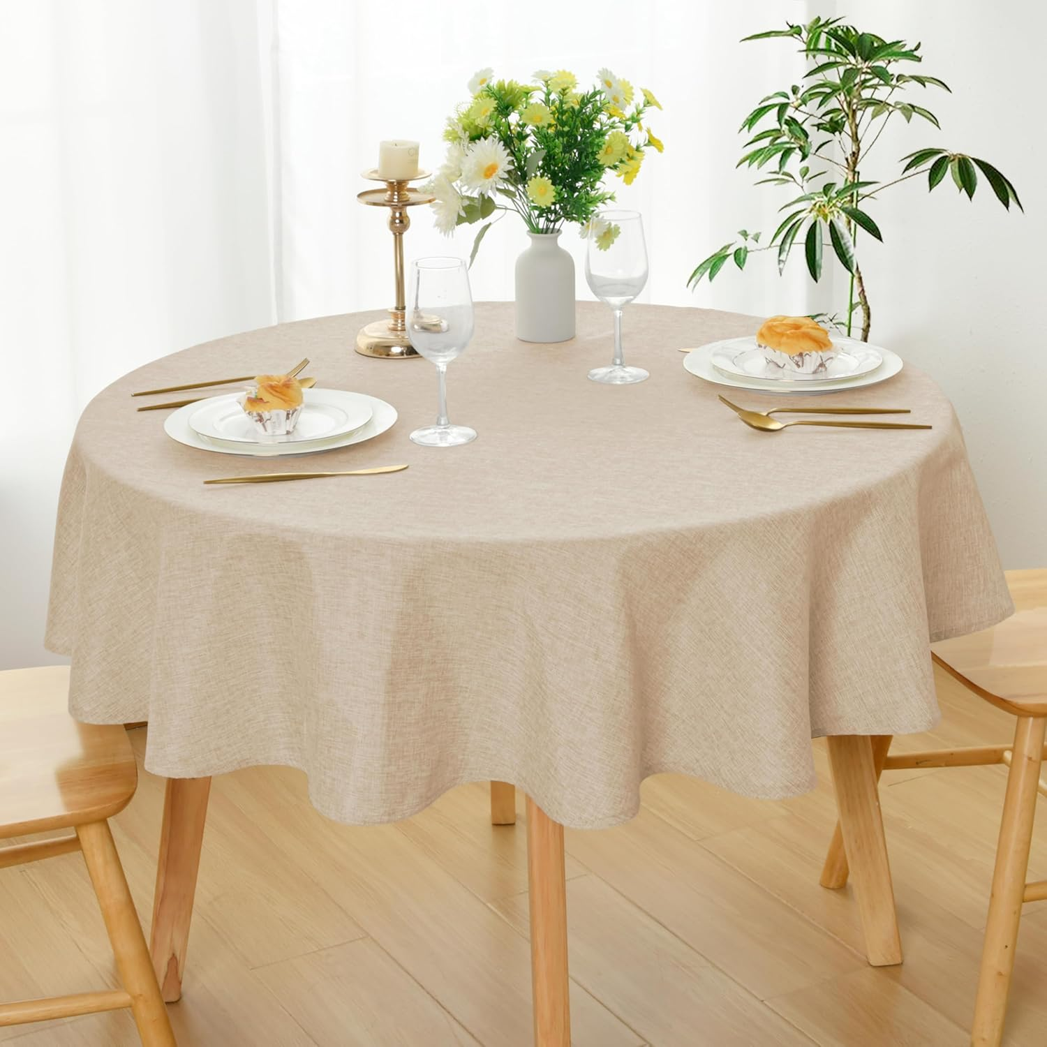 DWCN round Faux Linen Tablecloth 152Cm - Wrinkle and Stain Resistant Washable Polyester Fabric for Dining Room Kitchen, Dining, Party, Weddings and Restaurants, White