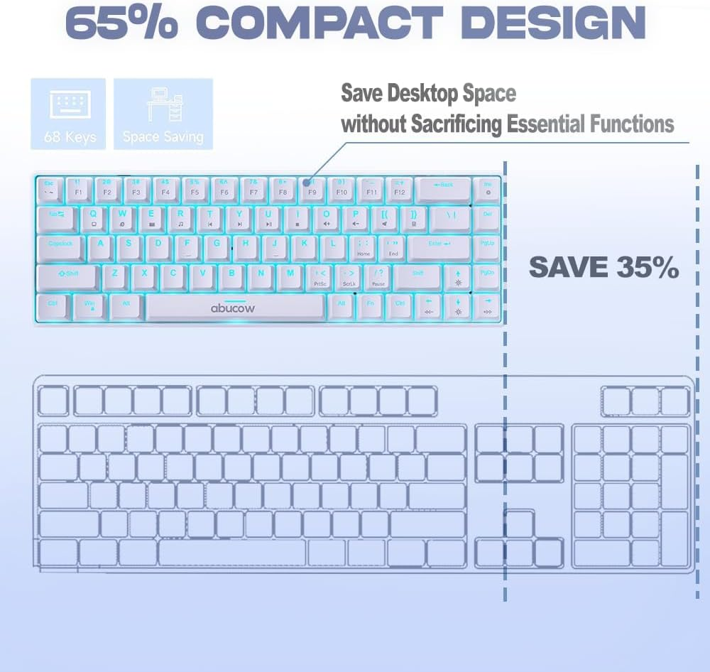 Abucow 60% Mechanical Gaming Keyboard, Black Switch Wired Compact Keyboard with Blue Backlight, Swappable White Keycaps, for Windows/Mac - Blue-White image number 6