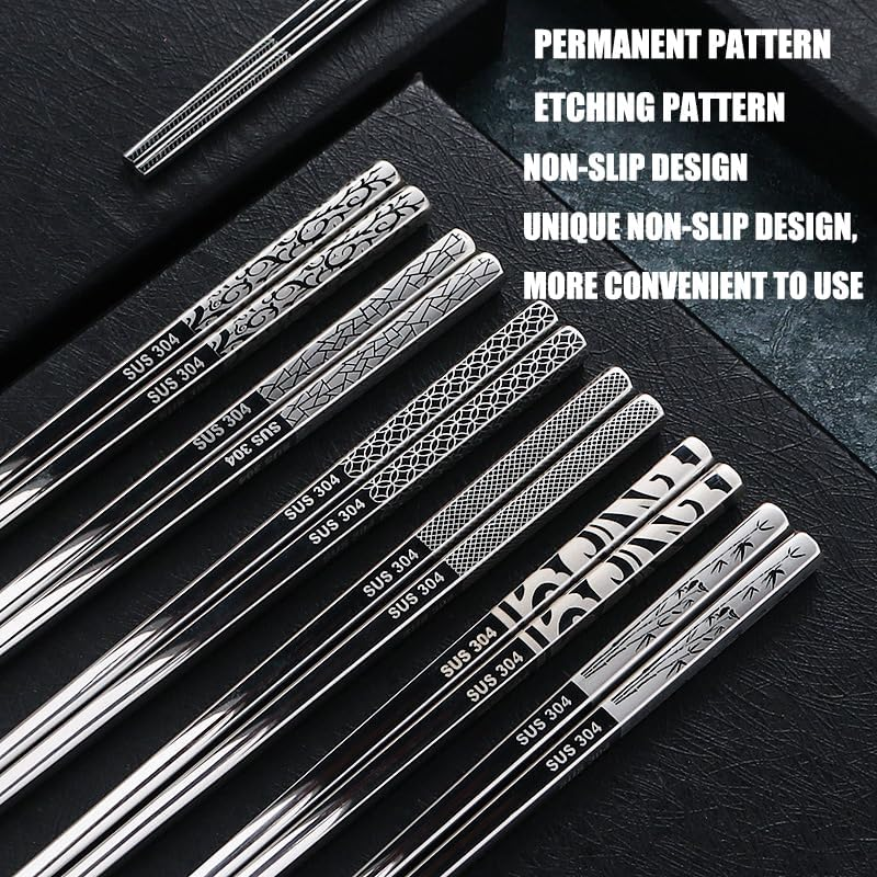 Metal Chopsticks Reusable 10 Pairs Stainless Steel Chopsticks Dishwasher Safe Square Lightweight Non-Slip Chop Sticks Gift Set (Silver) image number 1