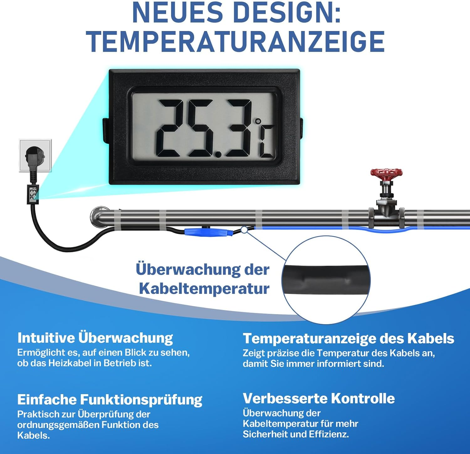 14 M Antifreeze Heating Cable with Thermostat and Temperature Display, 230 V Heating Cable, Pipe Heating 16 W/M for Water Pipes, Waterproof Heat Transfer Heating Cable for Pipes image number 5