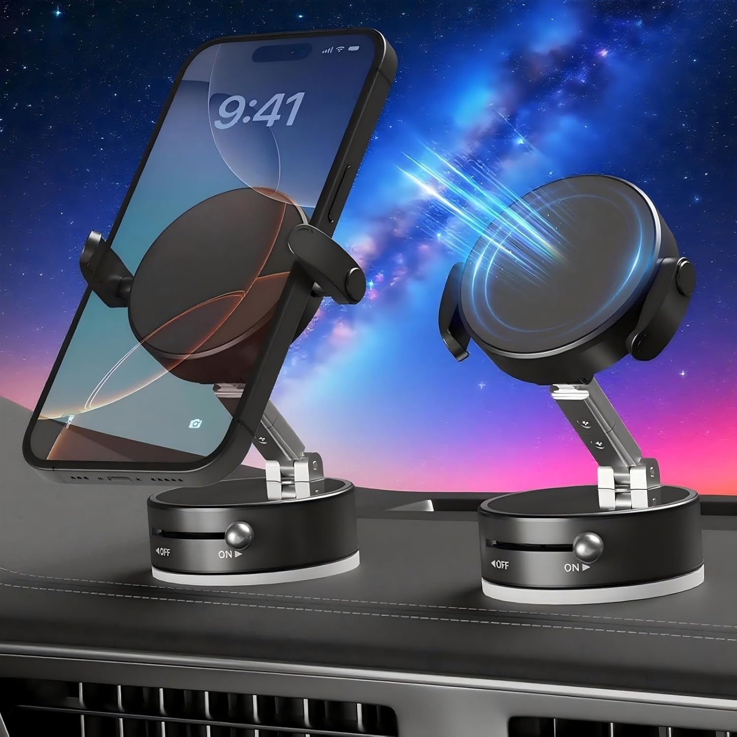Car Phone Holder, Vacuum Magnetic Suction Phone Mount with Clamp, Magnetic Adjustable Holder, 360&deg; Rotatable Mobile Phones Holders for Dashboard, Magnetic Mount for Iphone All Smartphones, Black image number 2