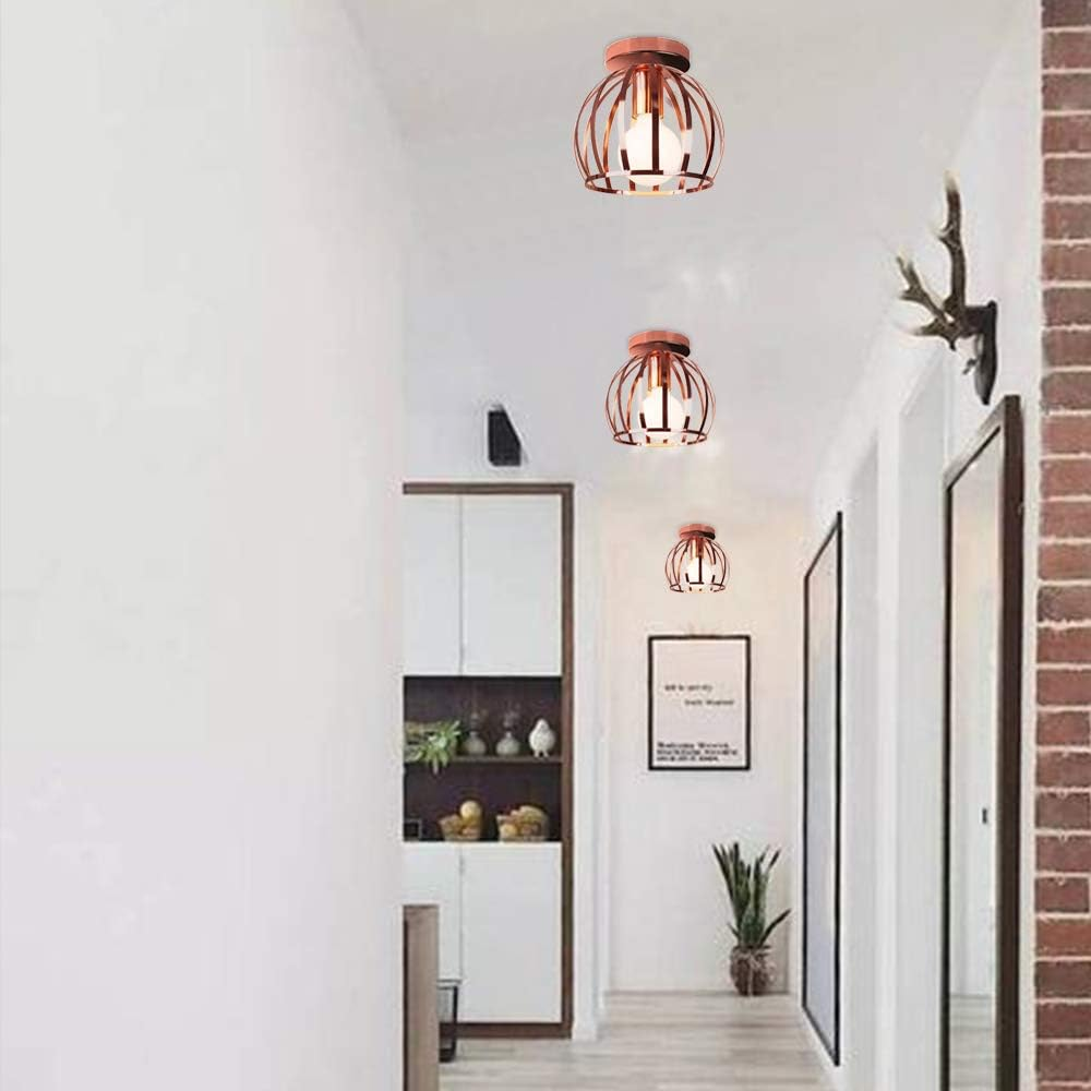 Idegu Vintage Ceiling Light, Industrial Ceiling Lamp, Diameter 20 Cm, Geometric Cage Design Lampshade, Retro Ceiling Light, E27 Lighting for Bedroom, Kitchen, Living Room, Rose Gold -  Rose Gold Cage image number 5