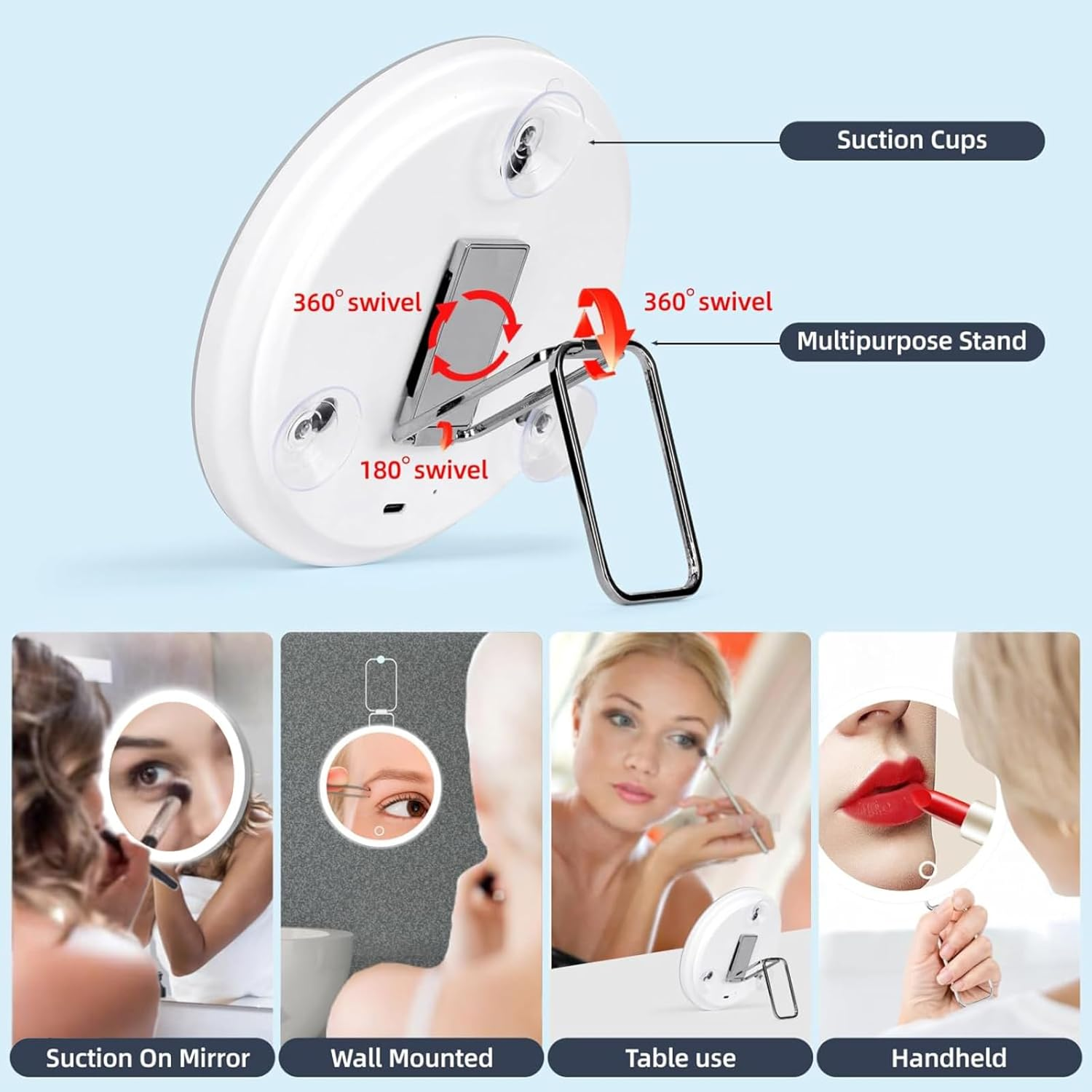 Portable 20X Magnifying Makeup Mirror with Light, USB Rechargeable, 6In/15Cm, 360&deg; Rotation, Adjustable Stand, 3 Suction Cups, Slant Tweezers & Scissors, Vanity Mirror for Precise Grooming image number 2