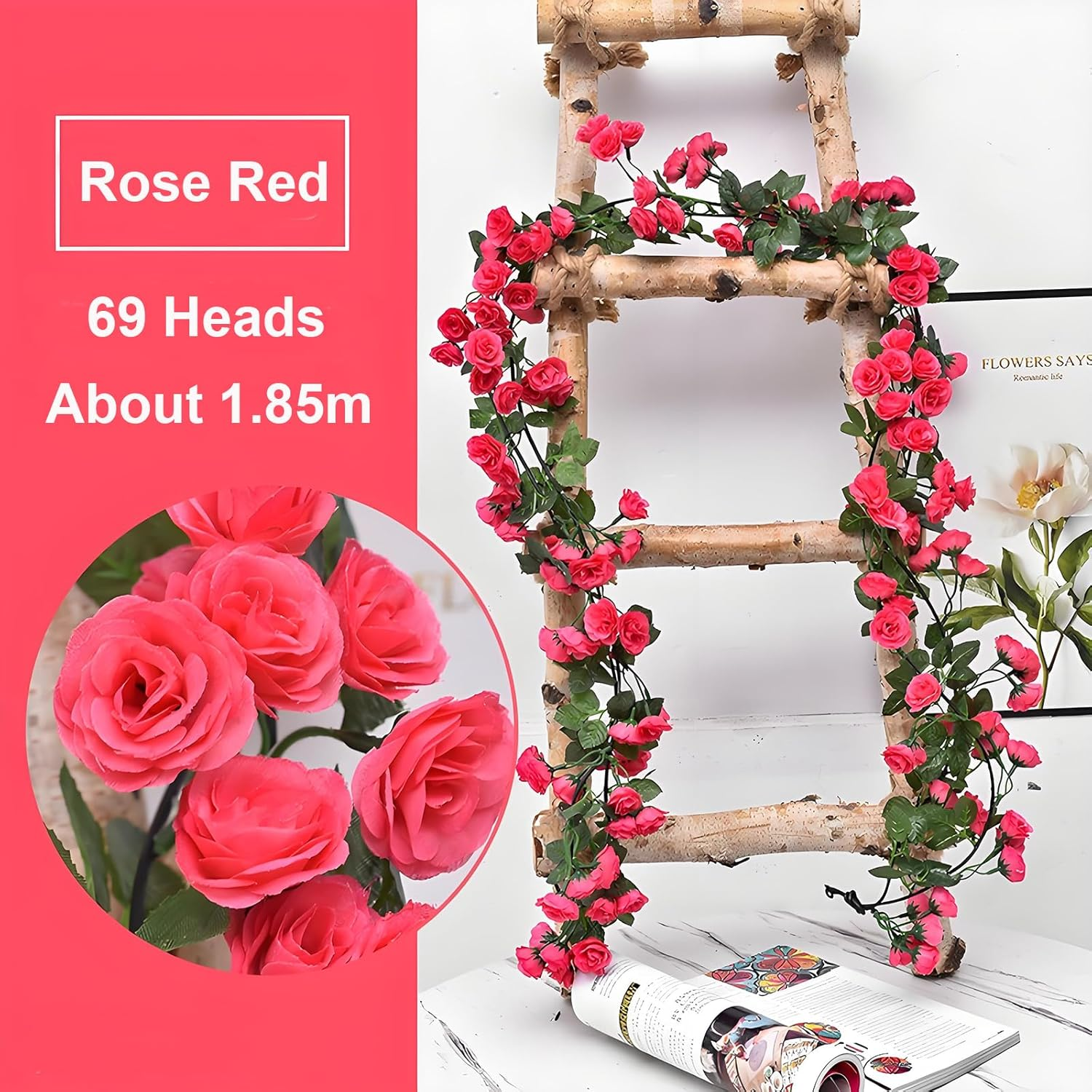 KEAIDUO 2 Pack 6Ft Artificial Fake Rose Garland Vines Hanging Silk Flowers for Outdoor Indoor Wedding Wall Badroom Decoration Rose Red image number 6