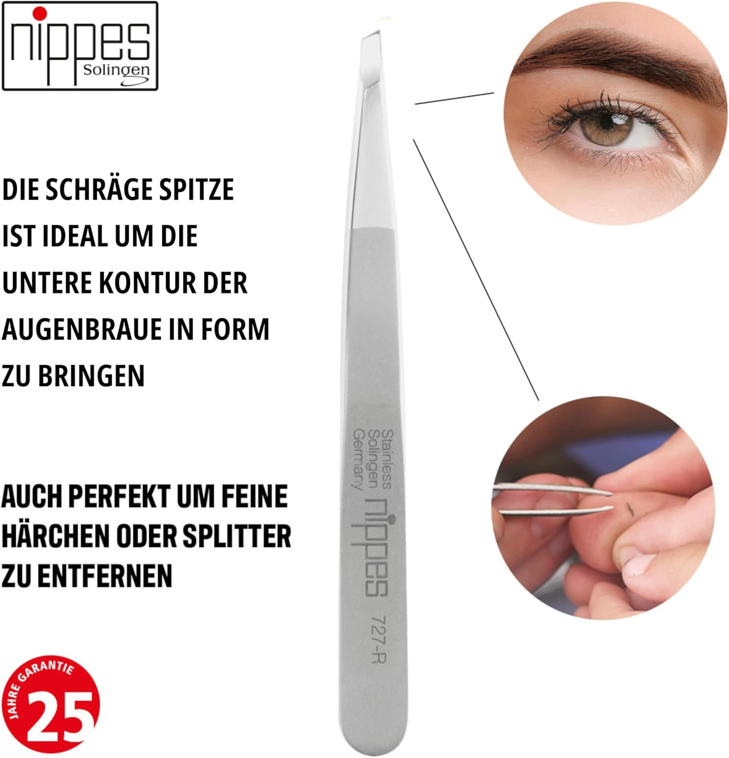 Nippes Solingen Tweezers with Slanted Tip, Stainless Steel, 9.5 Cm, Matte Silver, Eyebrow Plucking, Tweezers Pointed, for Precise Hair Removal, Made in Germany image number 5