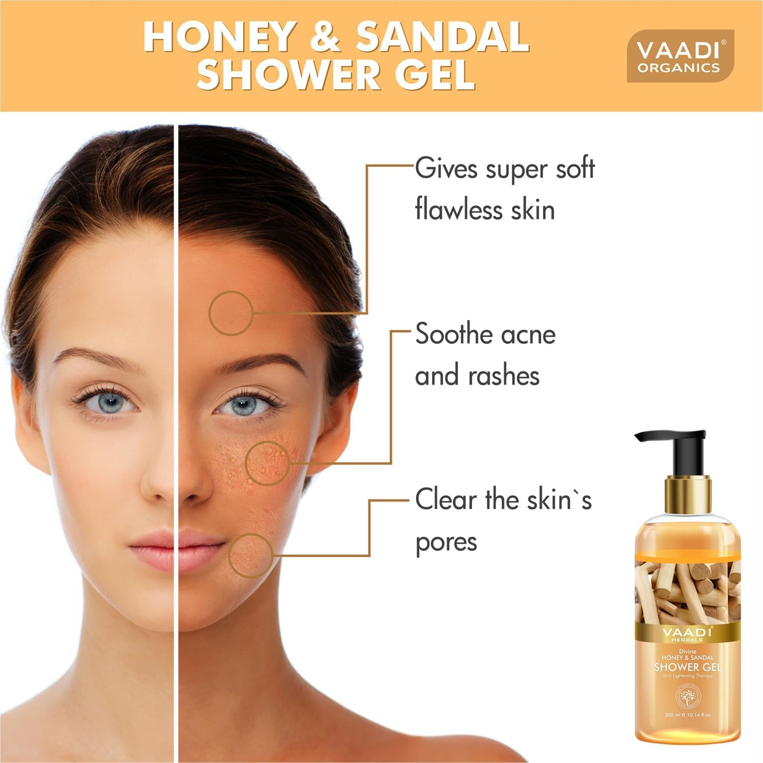 Vaadi Herbals Organic Body Wash Shower Gel Honey & Sandalwood Skin Revitalizing Therapy -Shower Gel That Cleanses, Refreshes and Deodorizes - Daily Detox Antifungal Body and Foot Cleanser - Great for Acne - for All Skin Type - Sulfate Free Paraben Free - Value Pack of 2X 300Ml image number 1