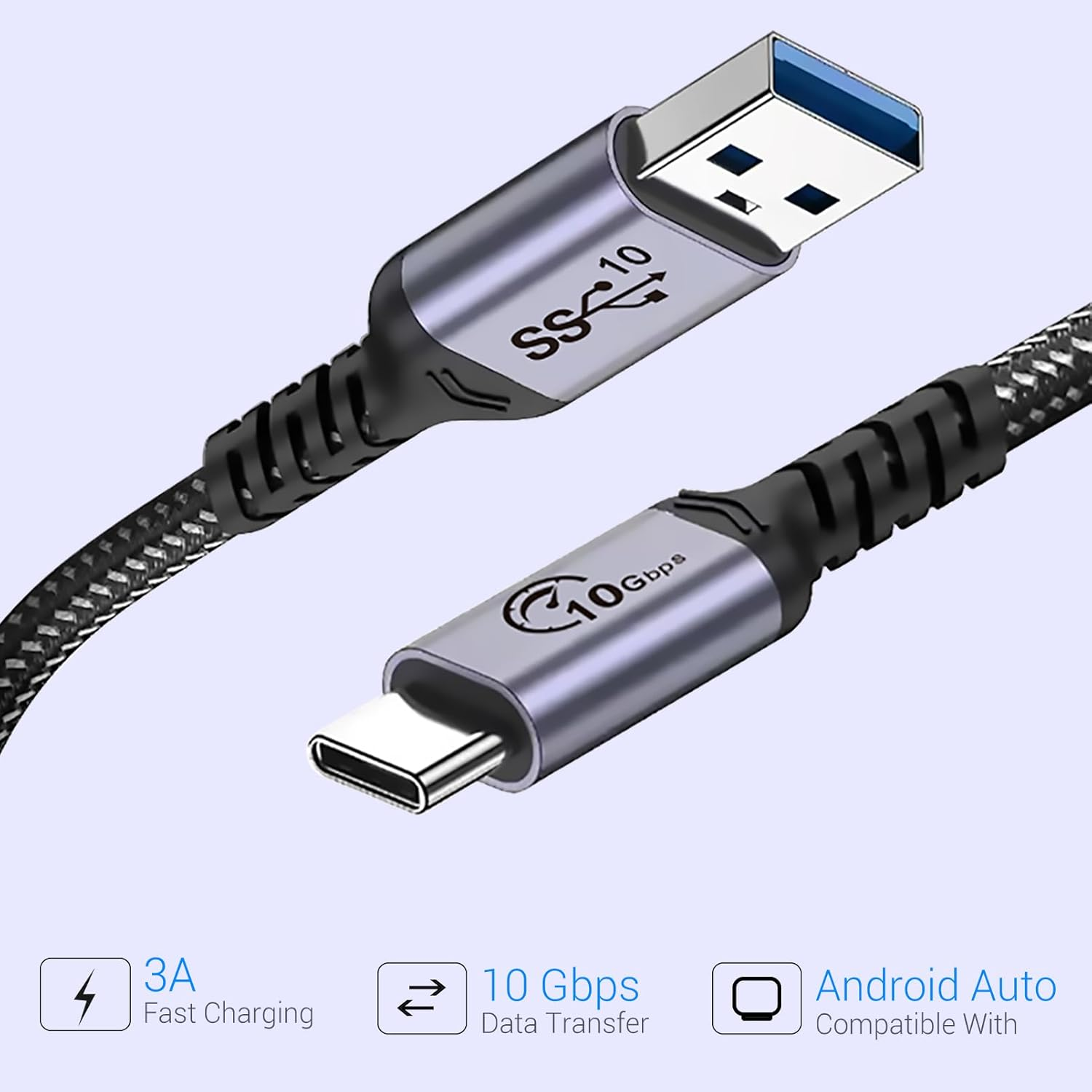 Android Auto USB C Cable 10Gbps 1FT 2 Packs, SUMPK USB C 3.1 Gen 2 Cable 3A Fast Charging Compatible with Galaxy S21 S20 S10 S10E Note 20, Pixel 6 5 image number 3