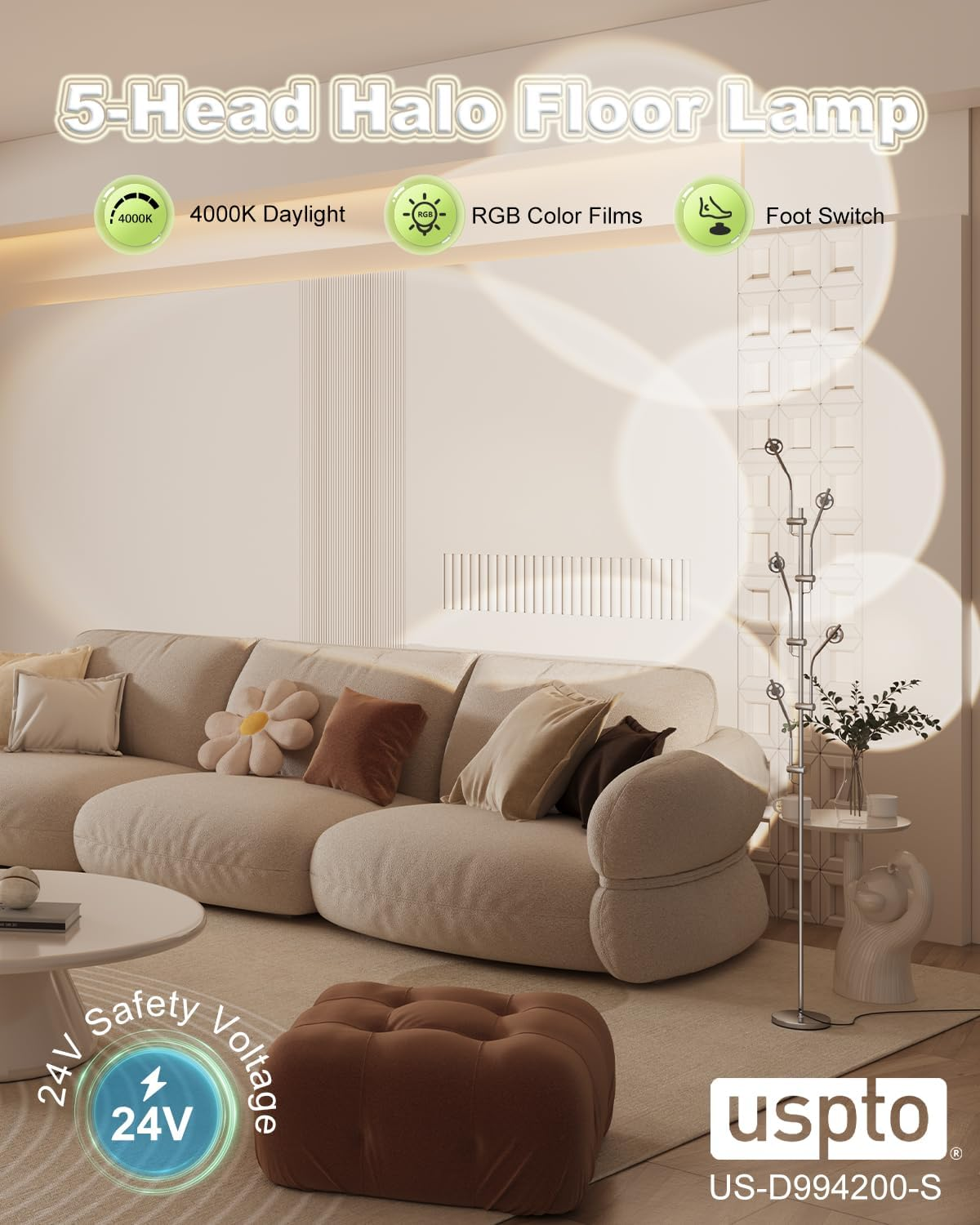 TACAHE RGBW Halo Projector Floor Lamp - 4000K LED with Replaceable Color Filters - Light and Shadow Mood Light - Multi-Head Ambient Decor Lighting for Bedroom, Living Room - 73" - 12W - Chrome image number 2