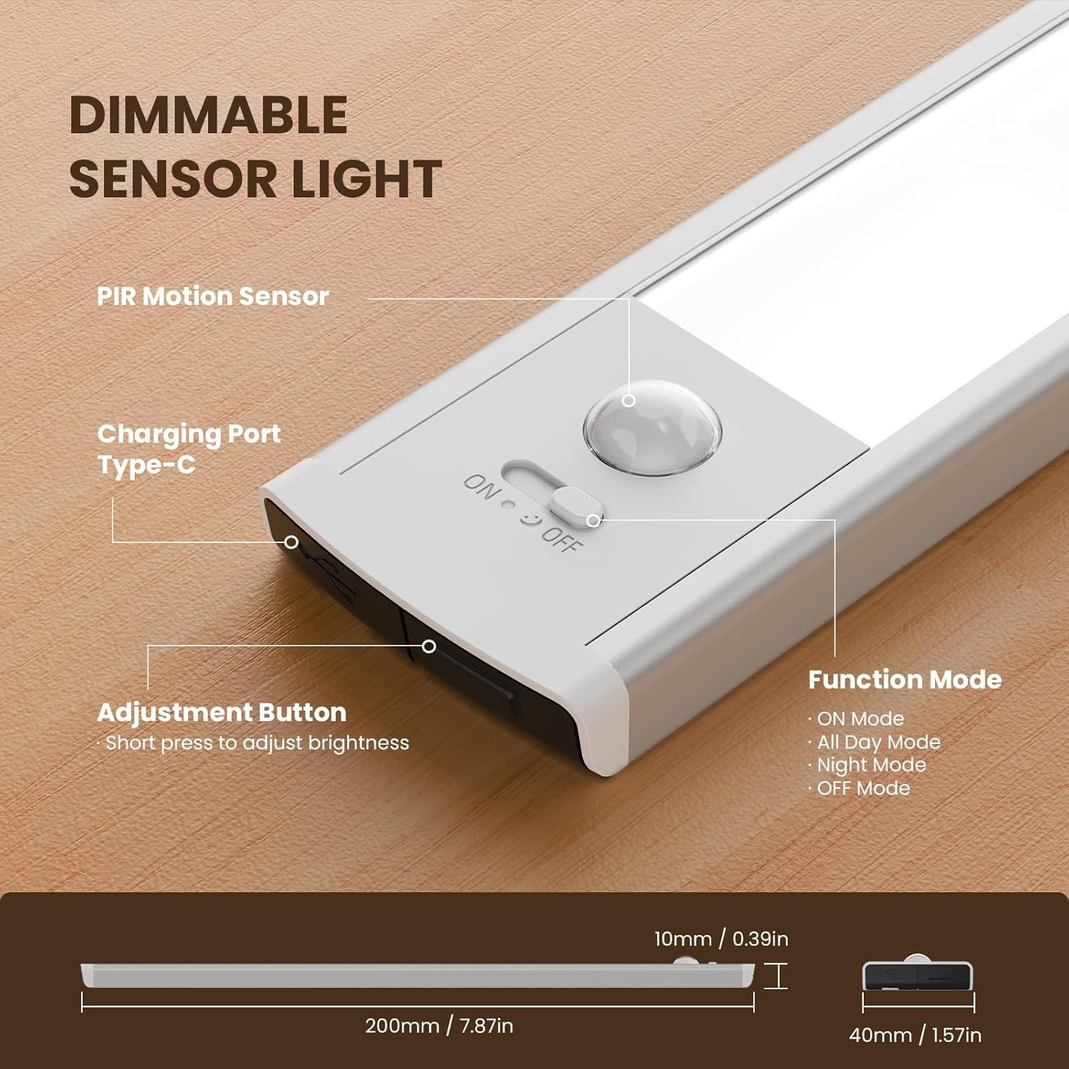 TANSOOL+ Cabinet Lighting LED Lamp with Motion Sensor - USB-C Rechargeable Under-Unit Light Kitchen Light - Dimmable Wireless Night Light for Kitchen, Stairs, Cupboard - 20 Cm, Pack of 2