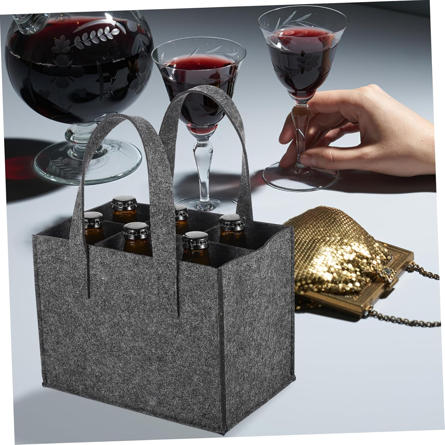 SHOWERORO Felt Wine Carrier Bottle Bag 24X16X16Cm Thick Felt Handbag with 6 Bottle Capacity Portable Wine Storage Tote for Travel Camping Picnic 4 Pack image number 4