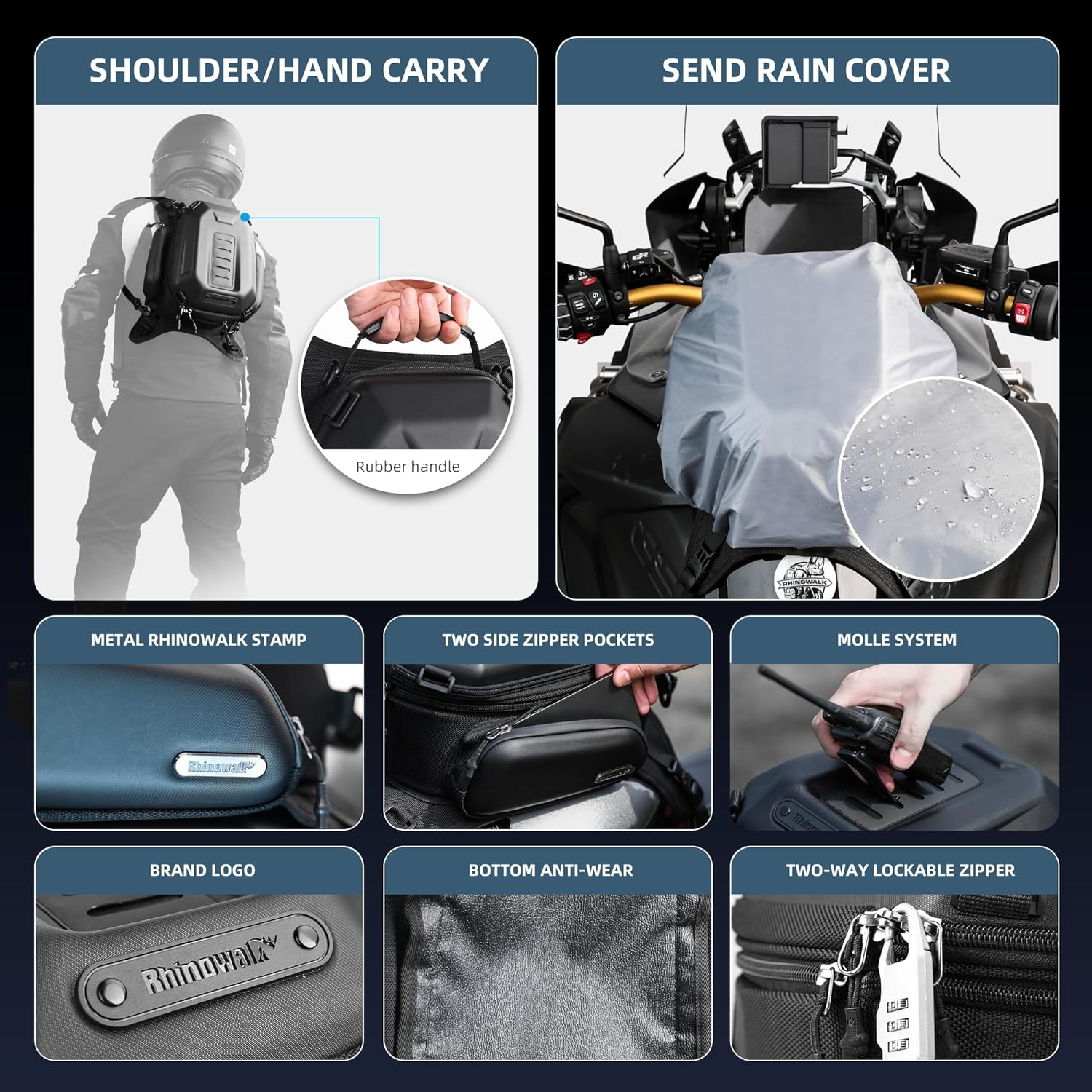 Rhinowalk Motorcycle Bag Hard Shell Waterproof Expandable 15-18L Matte Black image number 1