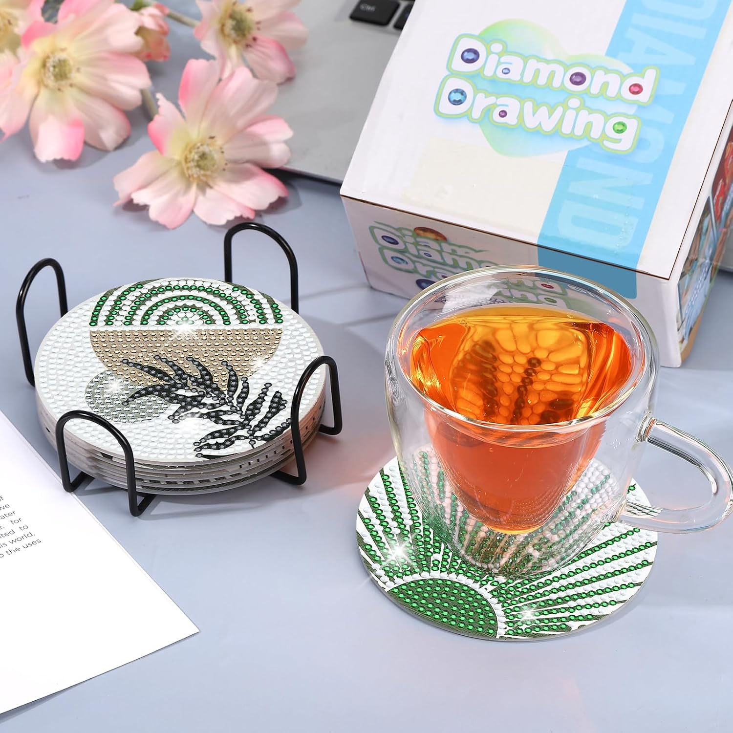 Ovveroche 8 Pcs Diamond Art Painting Coasters with Holder, Diamond Art Coasters Abstract Diamond Art Kits for Adults Beginner Craft Supplies image number 4