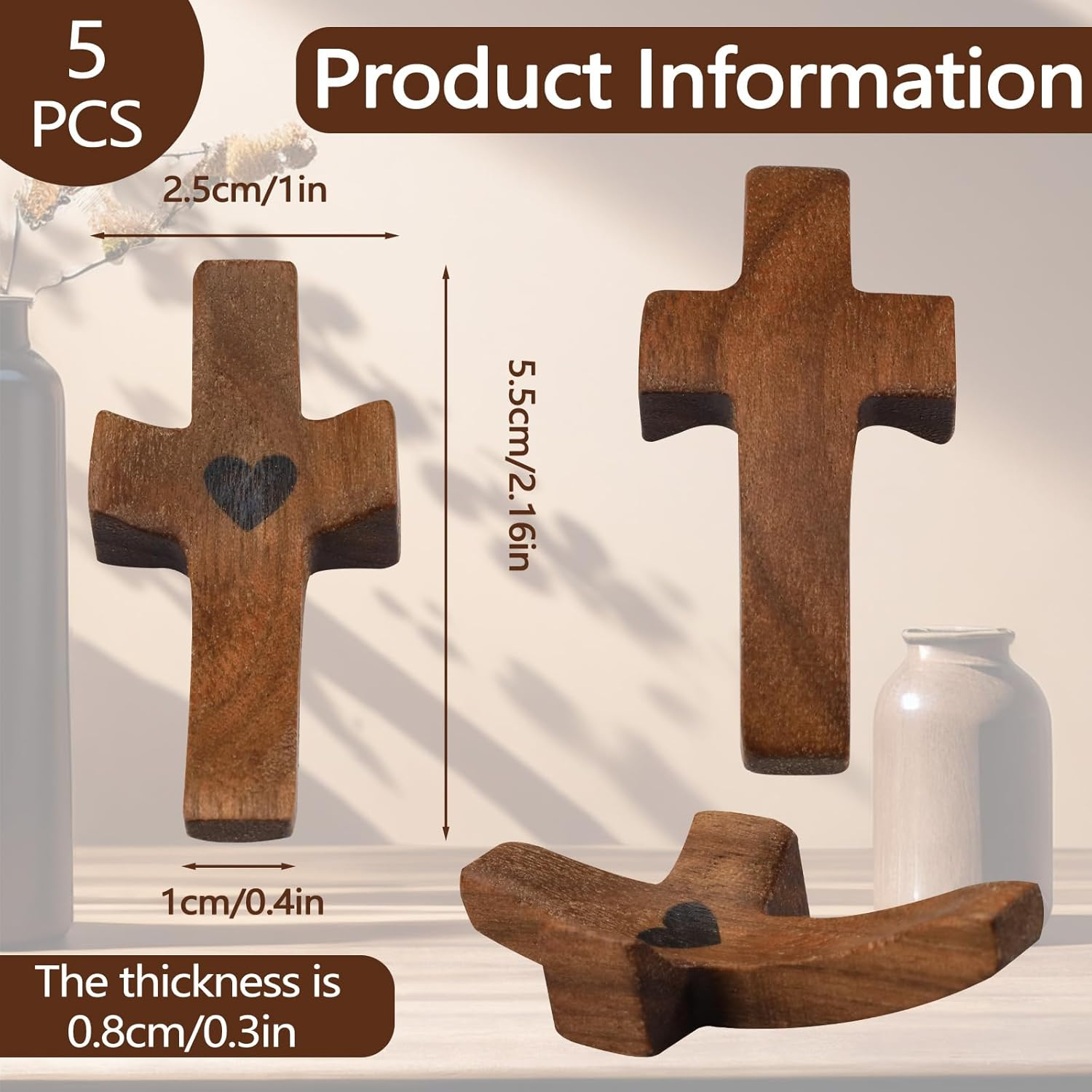 5 Pack Cross My Heart, Walnut Wooden Pocket Cross, 2" Small Carrying Prayer Cross for Hand Holding, Wood Comfort Palm Cross Religious Encouragement Present for Praying Clutching Clinging (5Pcs) image number 2