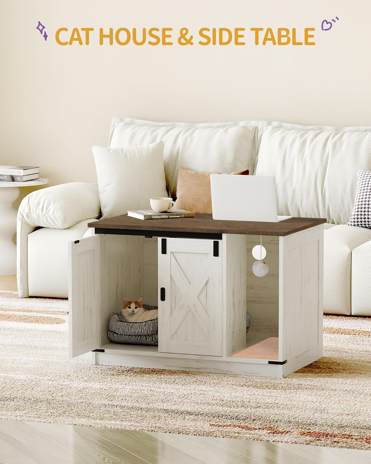 Hzuaneri Cat Litter Box Enclosure, Hidden Litter Box Cabinet Furniture with Bell, Indoor Cat House, Farmhouse Style, 31.5 X 19.7 X 20.9Inches, for Hallway, Bedroom, Rustic Brown and White CB82414X