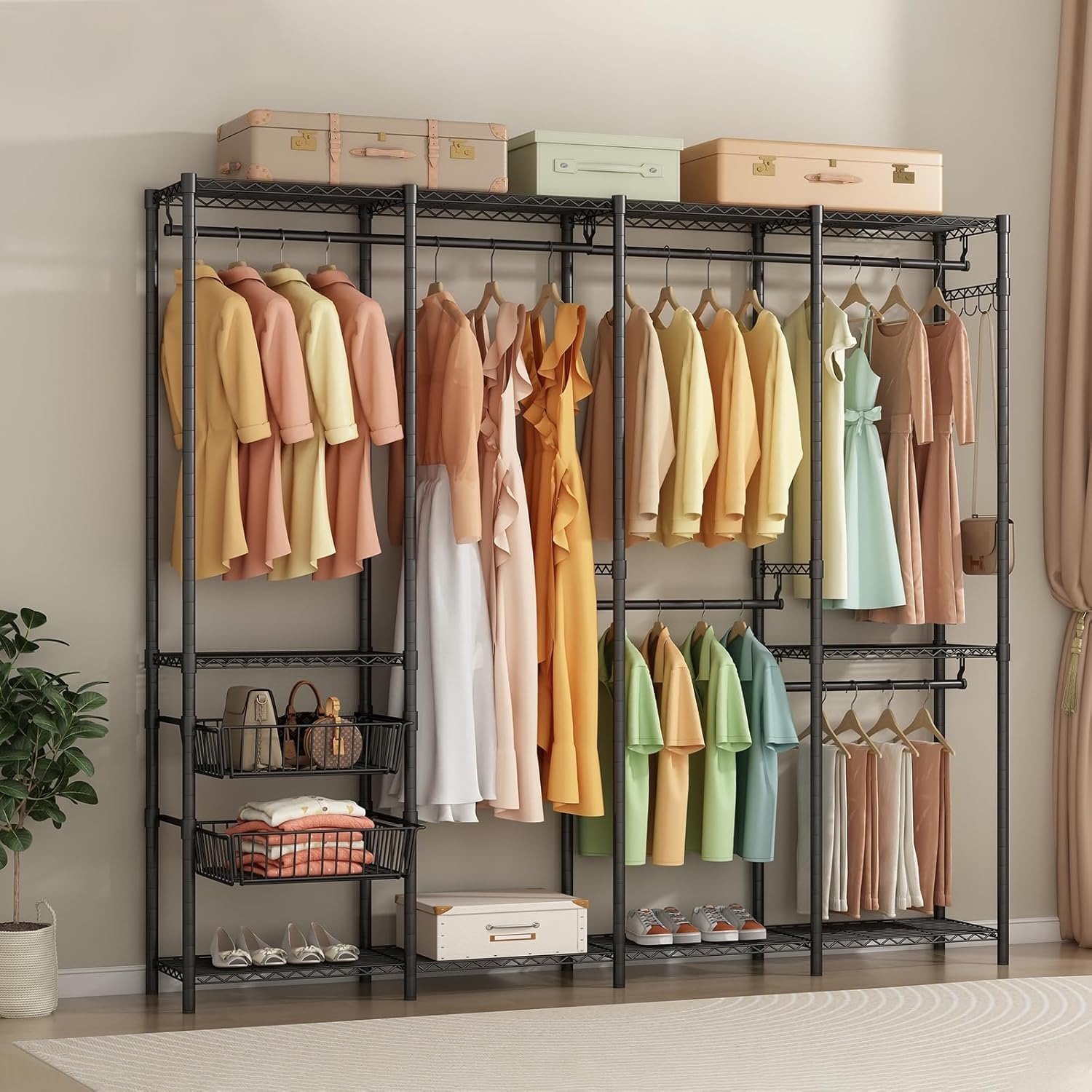 Clothes Rack Heavy Duty Clothes Rails, Metal Garment Rack Freestanding Portable Wardrobe Closet Rail with 2 Slid Baskets for Hanging Clothes Wire Clothing Rack, 192.5 X 45 X 195 Cm, Black image number 1