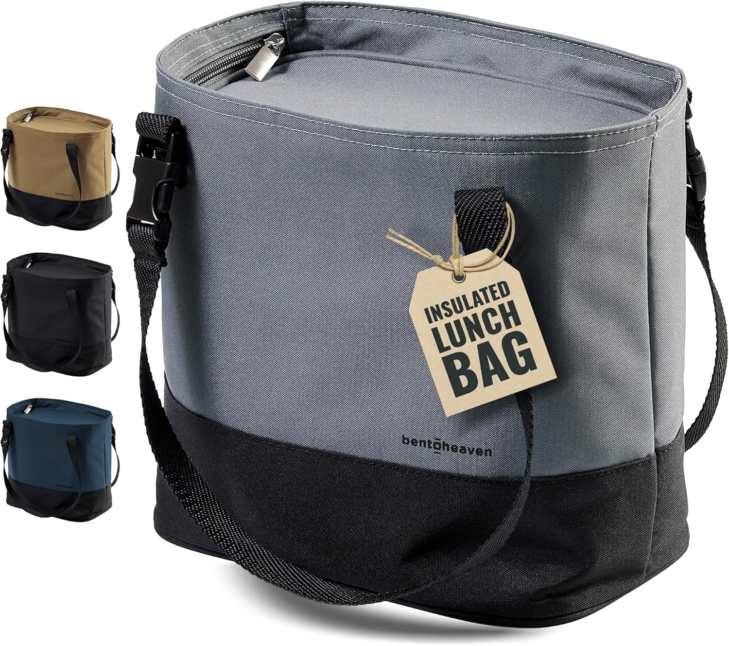 Bentoheaven Insulated Lunch Tote for Work - Durable Materials, Variable Strap/Handle, Wide Opening - Cooler Lunch Bag for Women & Men - Fits All Major Bento Lunch Boxes and Other Containers (Grey)