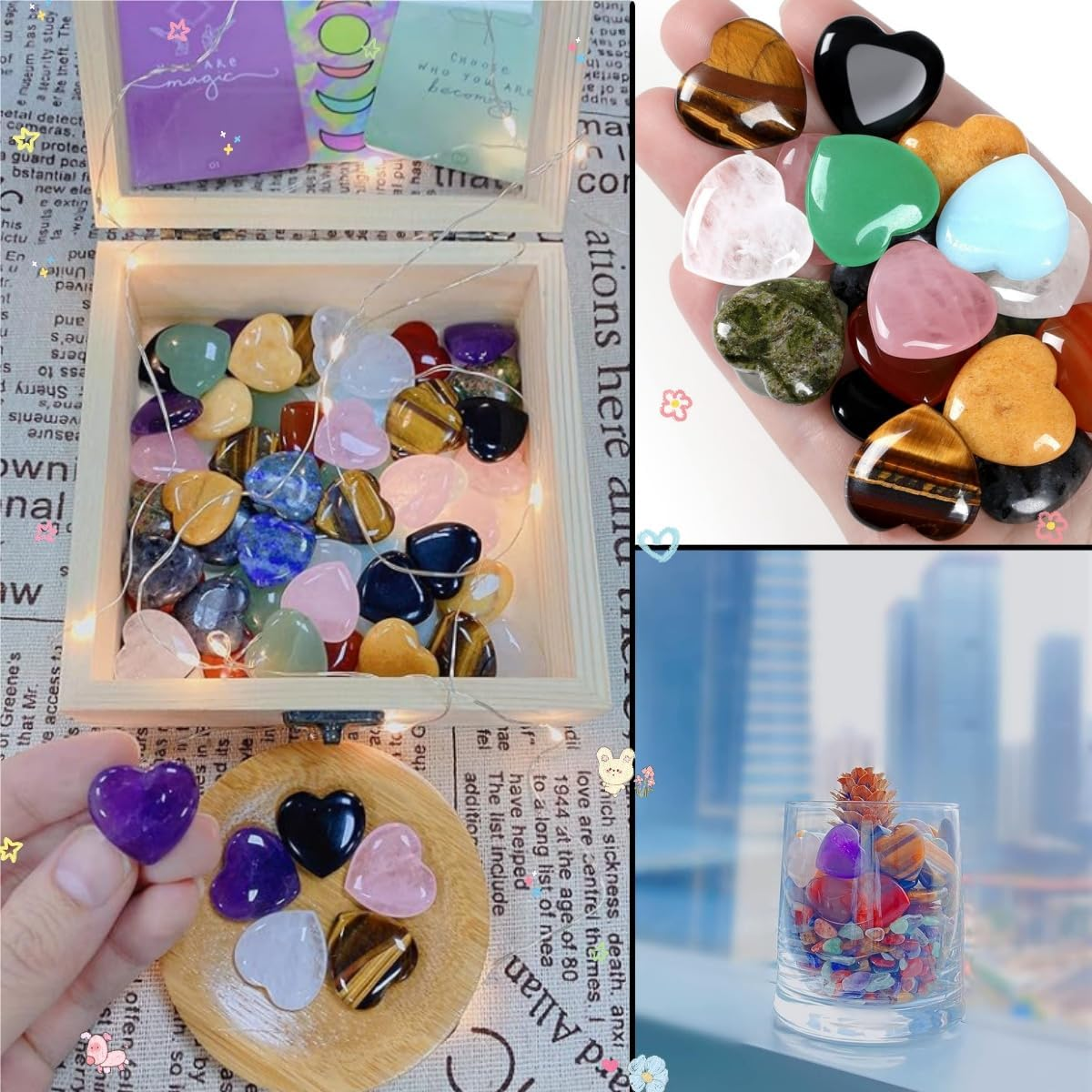 Heart-Shaped Worry Stone Colored Gemstone Crystal Meditation, Random Pattern Heart-Shaped Pocket Polished Gemstone Heart Treatment Crystal Gift Chakra Reiki Yoga Meditation to Relieve Anxiety and Stress 20 Pieces image number 4