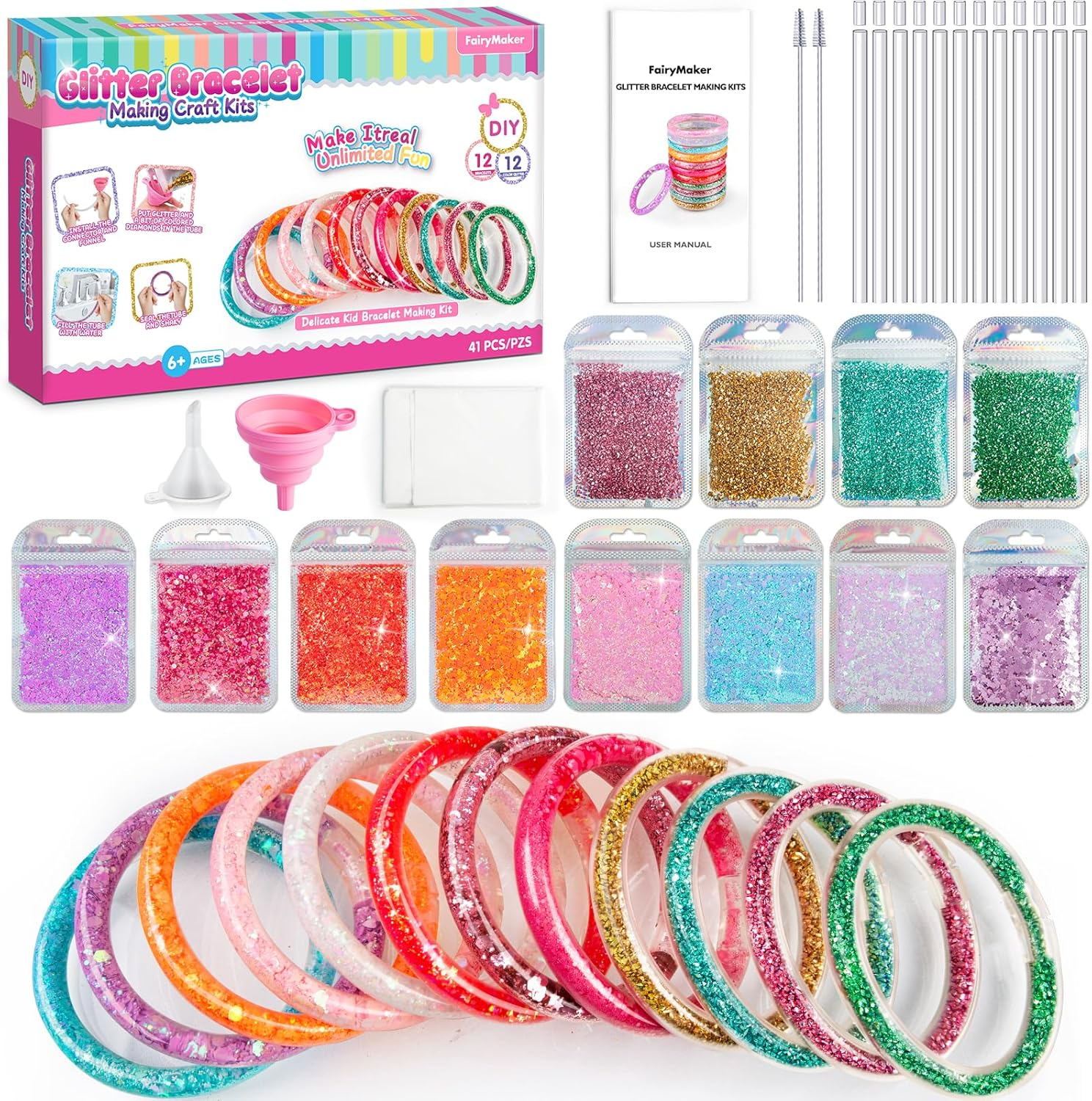 Fairymaker Glitter Bracelet Making Kit for Girls, DIY Arts and Crafts Kit with 12 Bracelets, 8 Glitter Colours, 4 Gemstone Types, Laser Sparkle Shapes for Kids&rsquo; Birthday, Gifts for Ages 6-12 (Multicolored) image number 2