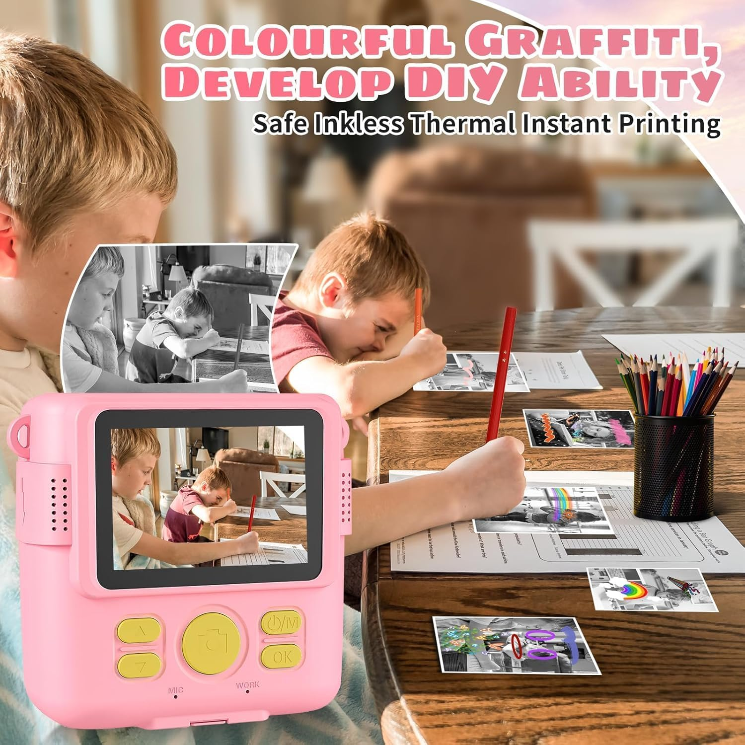 Kids Camera - Children'S Instant Camera Print 1080P 2.4 Inch Screen, Digital Camera with 16X Digital Zoom, 32GB TF Card, Card Reader, Colored Pens for 3-12 Boys and Girls Years Gift PINK - Purple image number 6