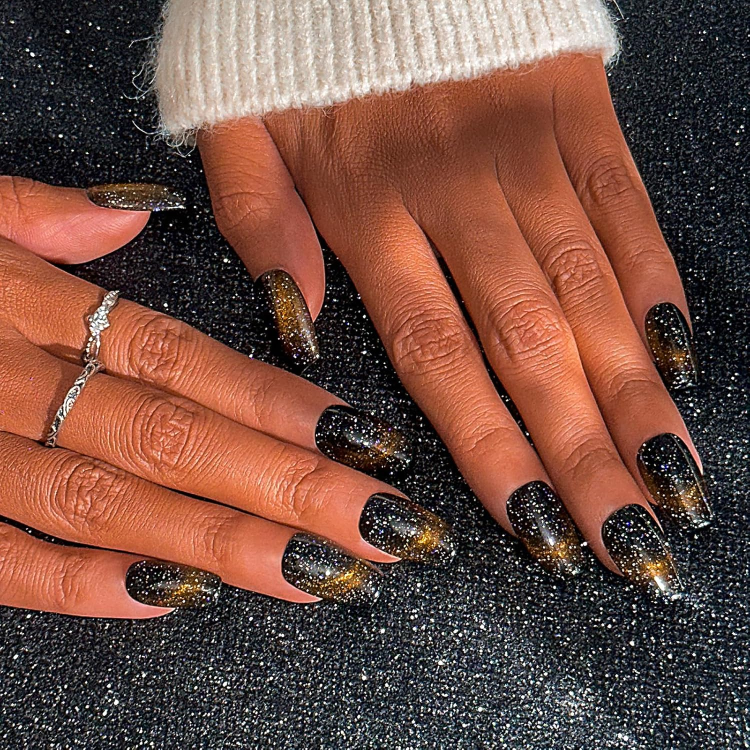 Sethexy Handmade Black Cat Eye Gradient False Nails Sparkle French Medium Press on Nails Sparkle Shiny Acrylic False Fingernails Removable for Women and Girls image number 2