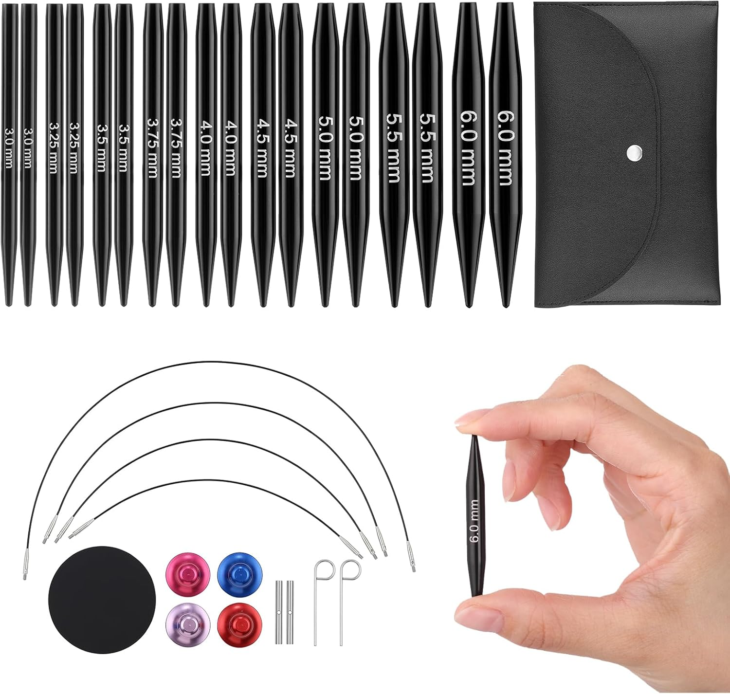 Guclud Interchangeable Circular Knitting Needle Set, 3-Inch Shorties Knitting Needles Sizes US 2.5, 3, 4, 5, 6, 7, 8, 9, 10 with Cable, Accessories and Case, 9-Pairs image number 6